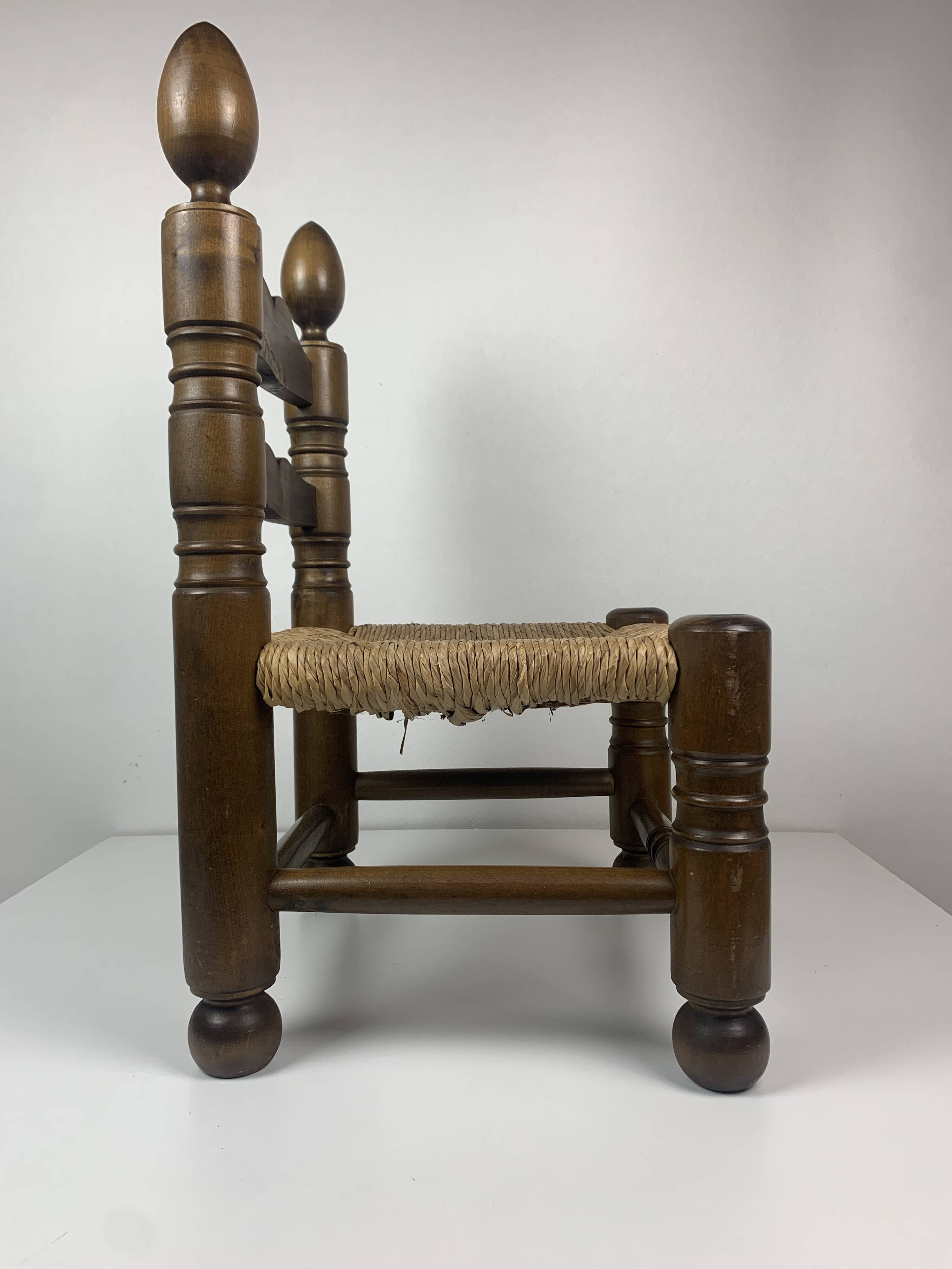 Wood Turned Bobbin Low Rush Chair in the manner of Charles Dudouyt, France, 1950s