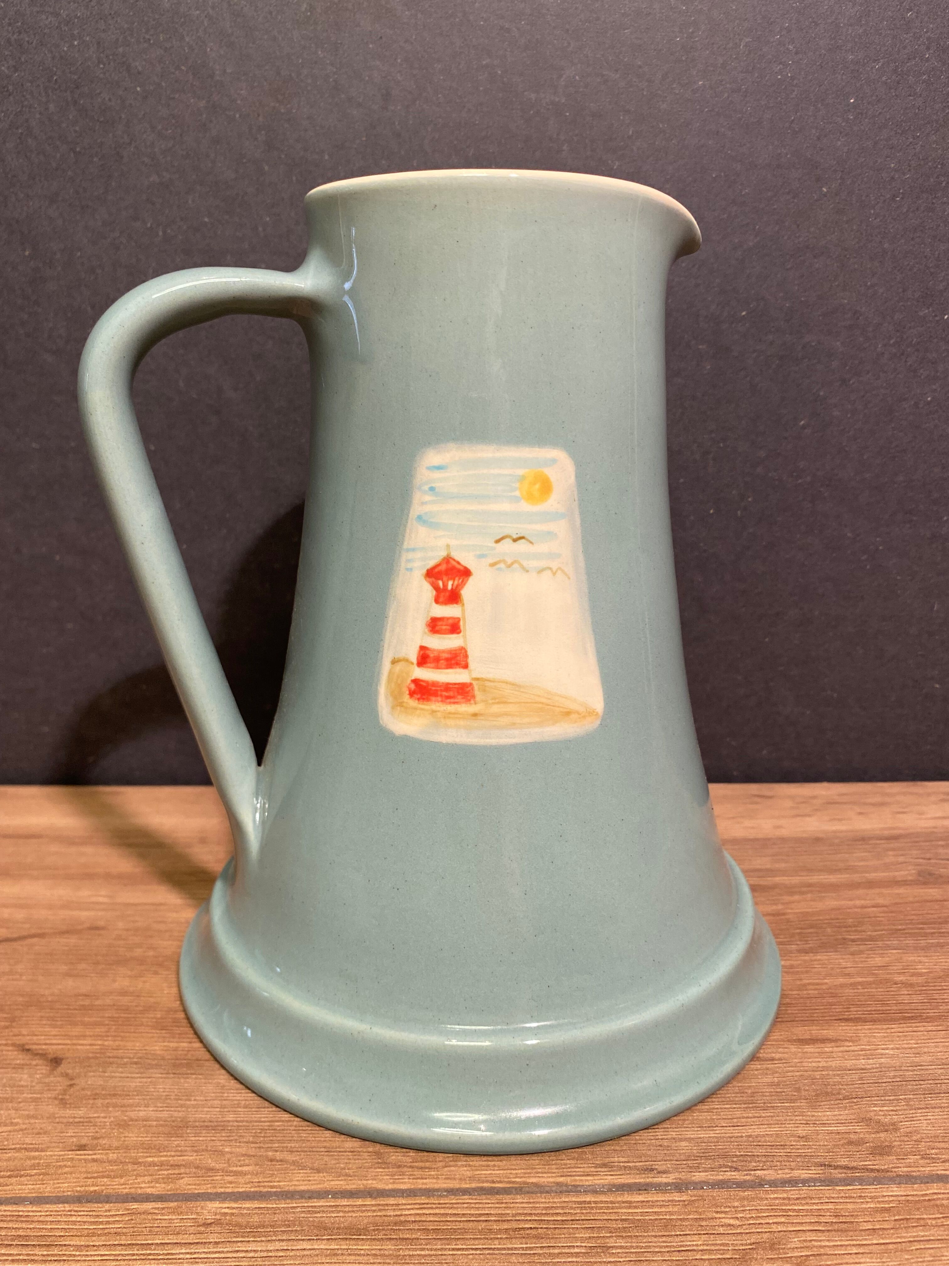 Pitcher, earthenware pitcher with headlight decoration signed Gabriella Railler