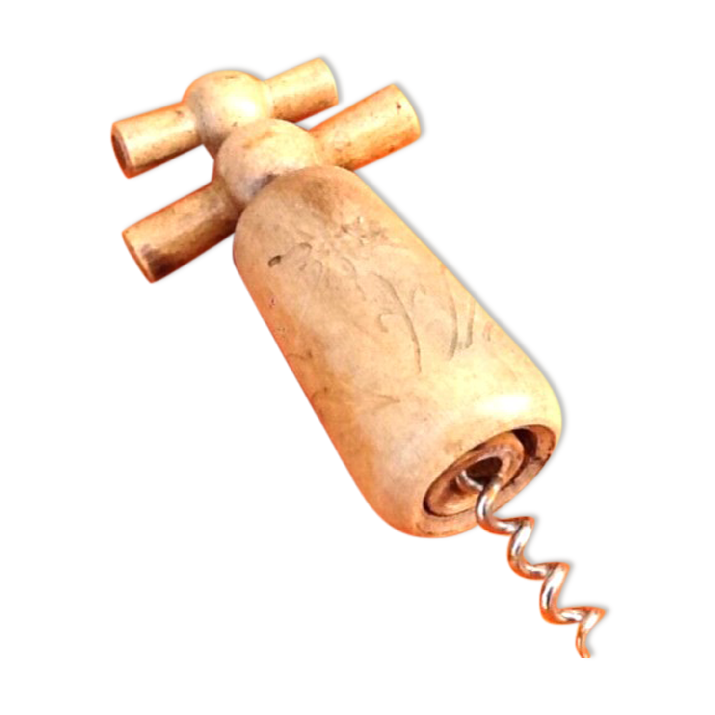 Double helix wood corkscrew, sculpture of an edelweiss