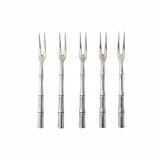 Five silver-plated metal appetizer forks with bamboo-style handles
