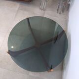 Teak round coffee table and smoked glass
