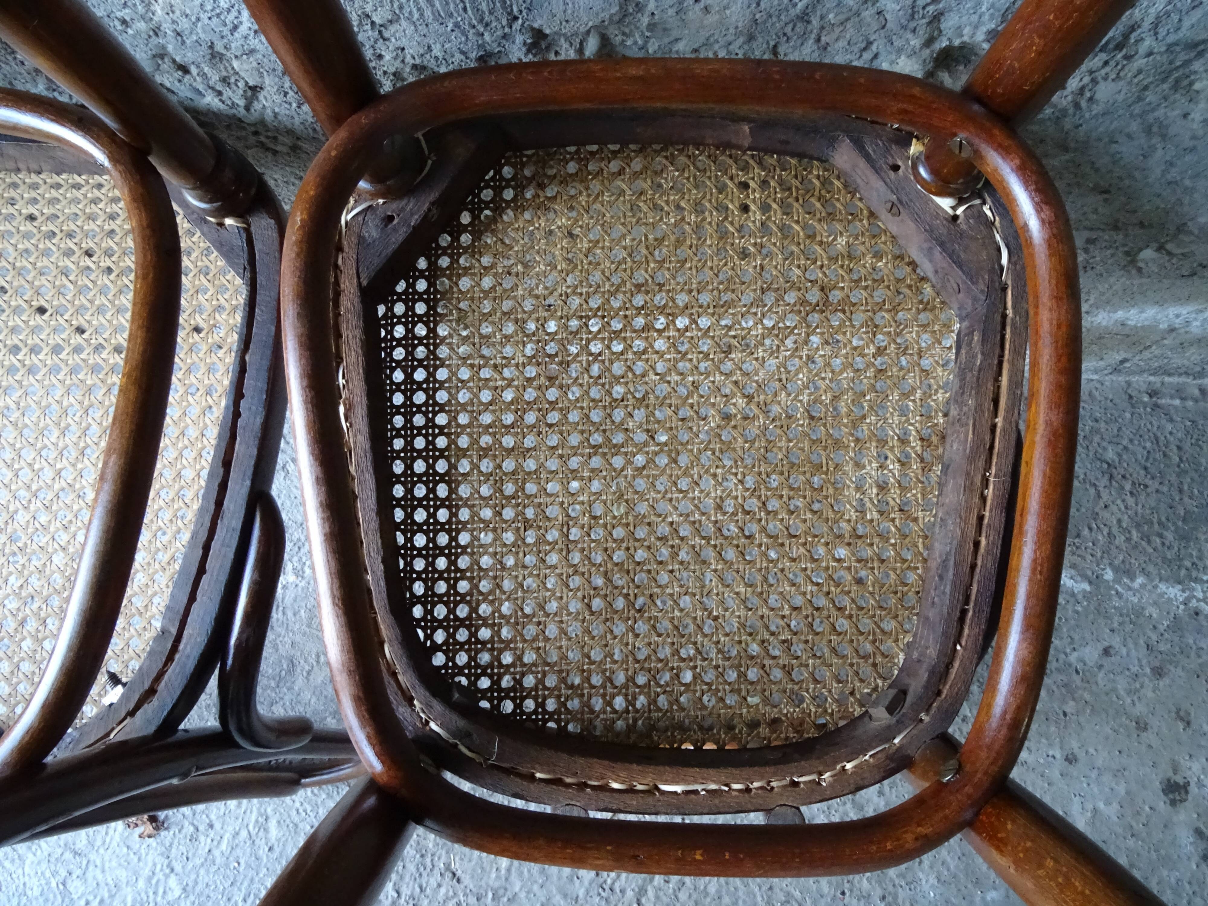 Fake pair of Kohn and Turpe tanned bistro chairs, circa 1900,