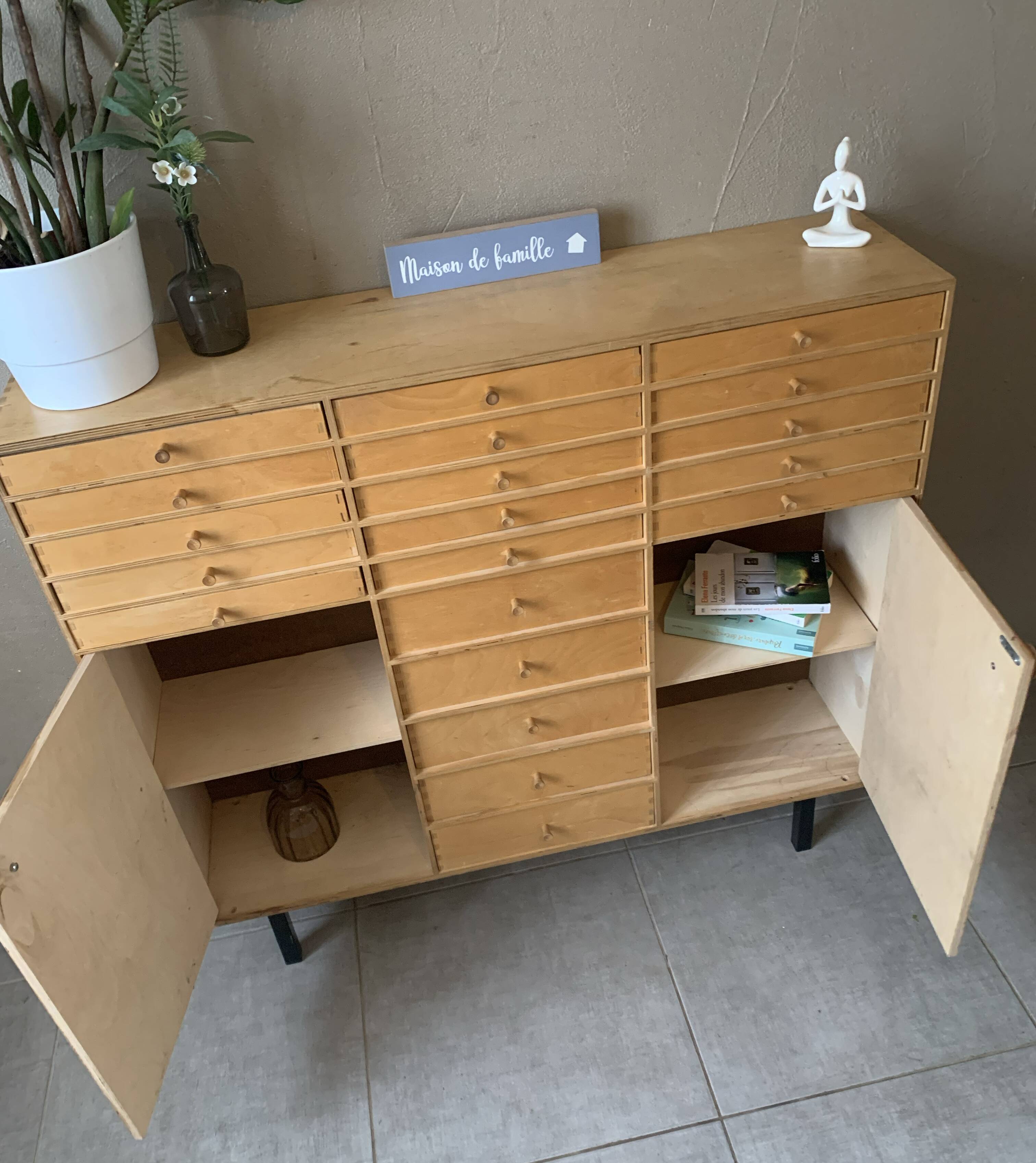 Vintage 20-drawer craft cabinet, 1960s in raw wood