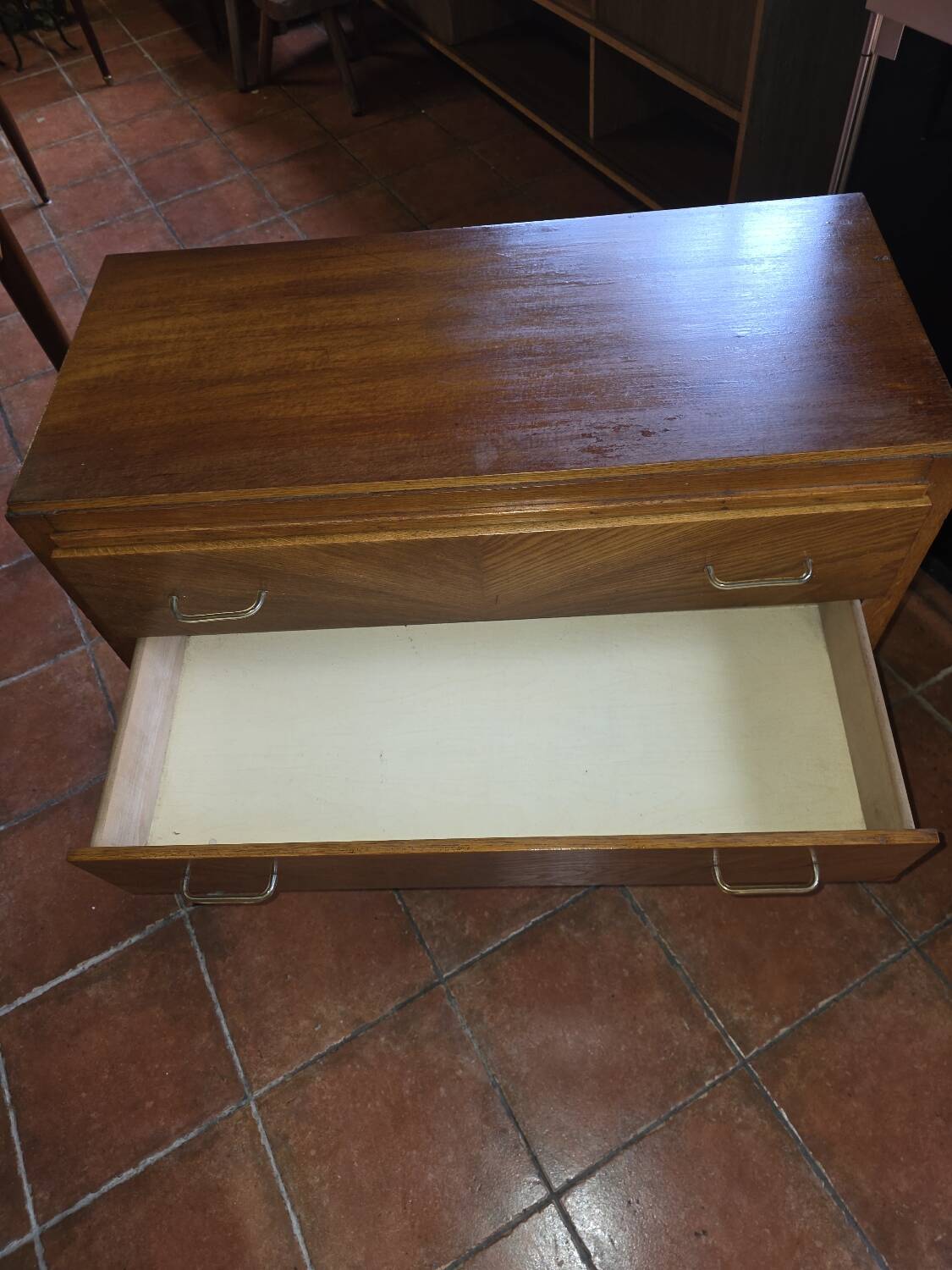 Vintage oak chest of drawers with herringbone patterns from the 1960s.
