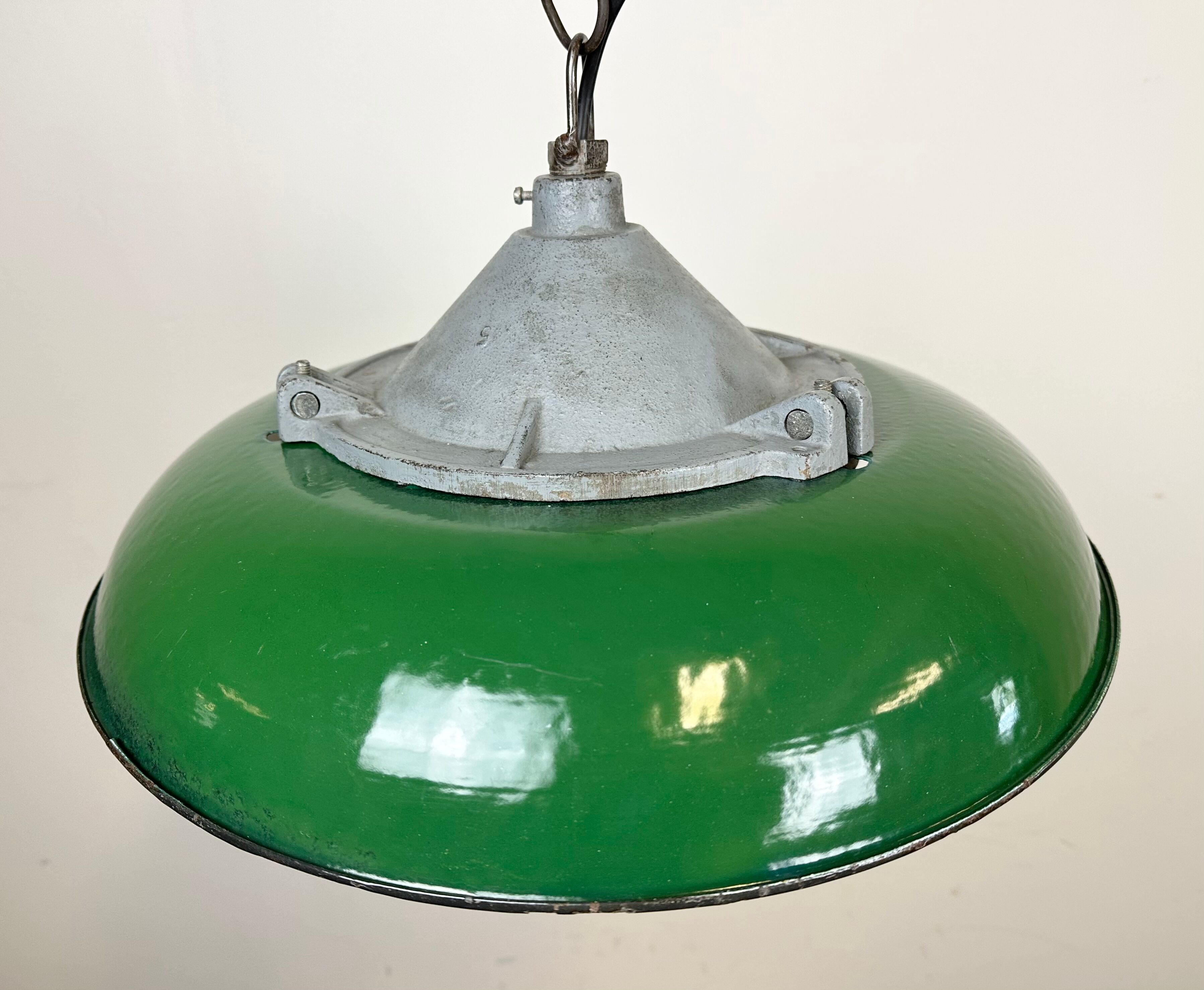 Industrial Green Enamel Factory Cage Pendant Lamp in Cast Iron from Zaos, 1960s