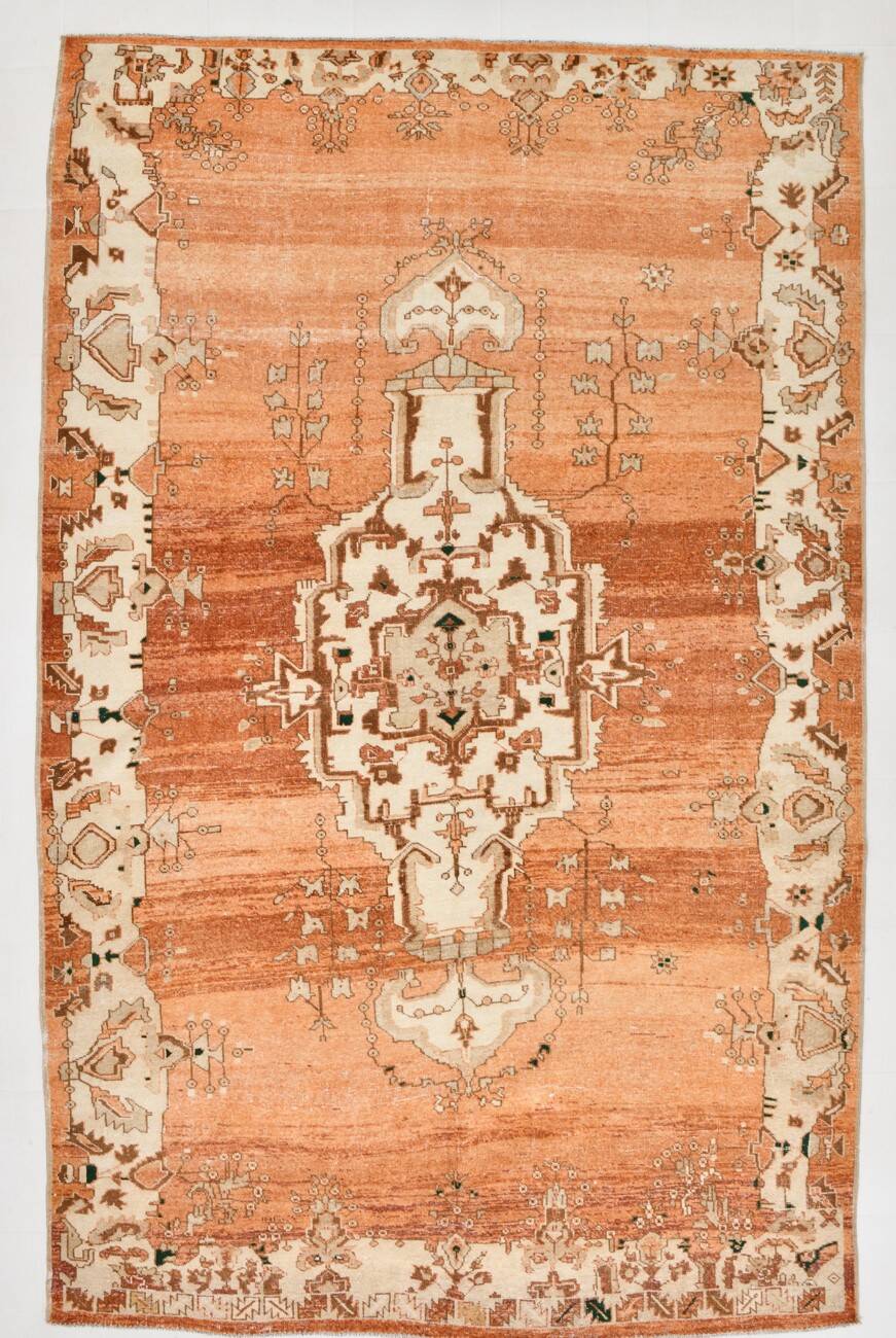 Rare Tapis Anatolien Vintage en Laine Fait Main Tons Brique & Ivoire