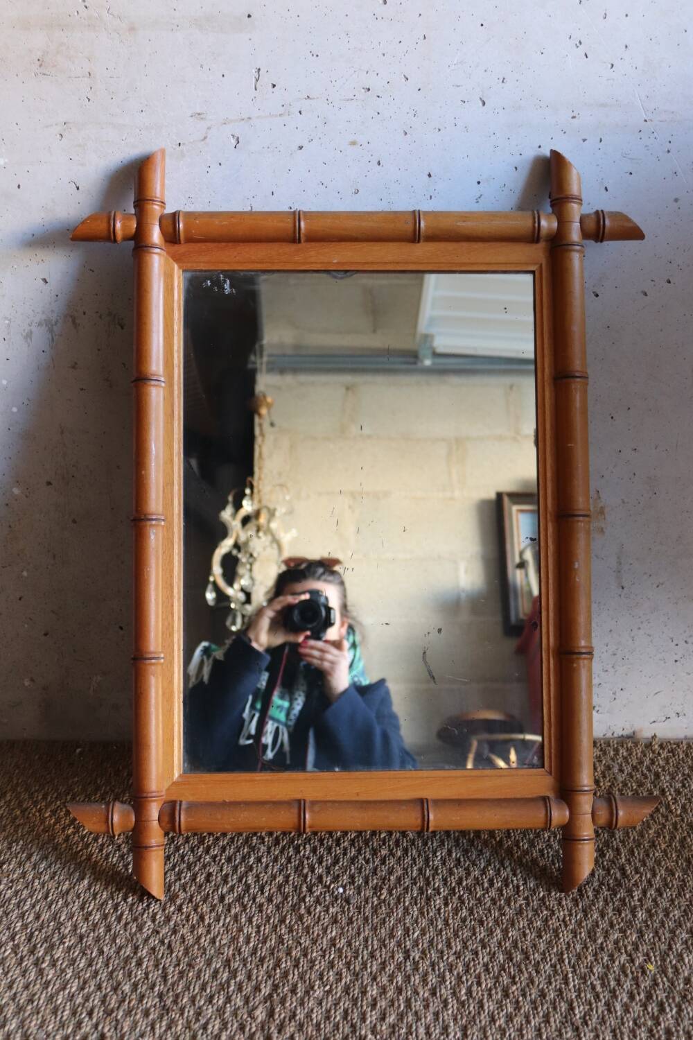 Antique cross mirror, turned wood, bamboo style