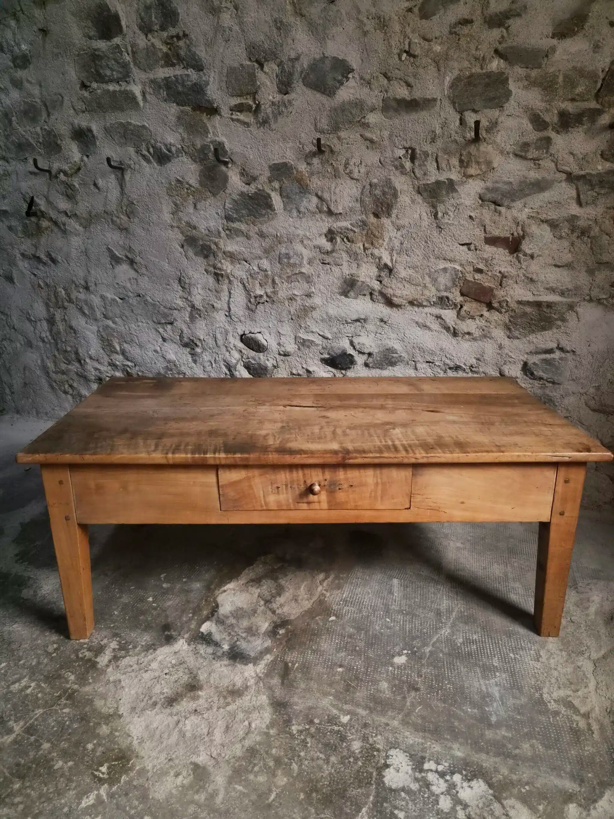 Antique French coffee table, 18th-century cherry farmhouse table with a drawer.