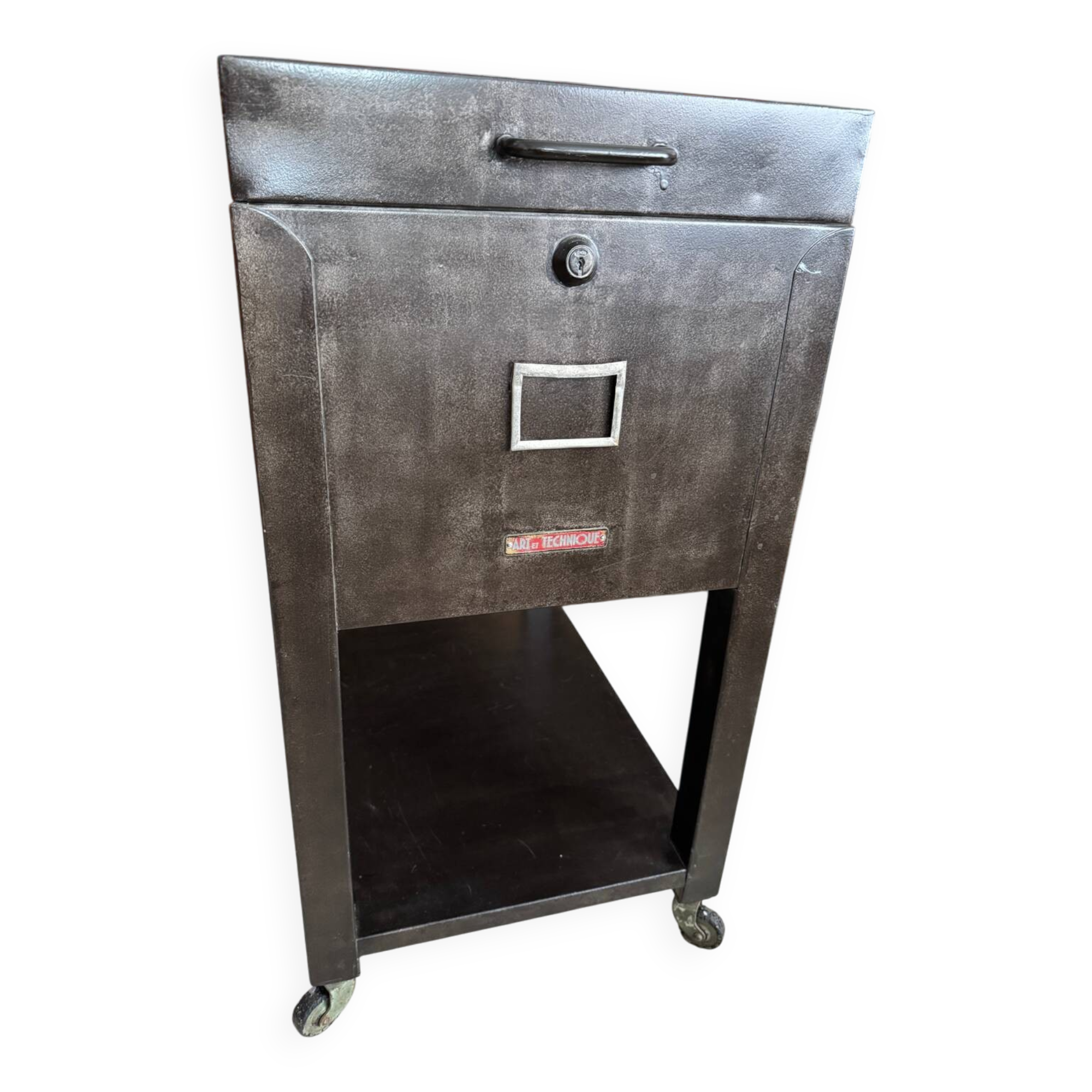 Old vintage industrial filing cabinet on wheels