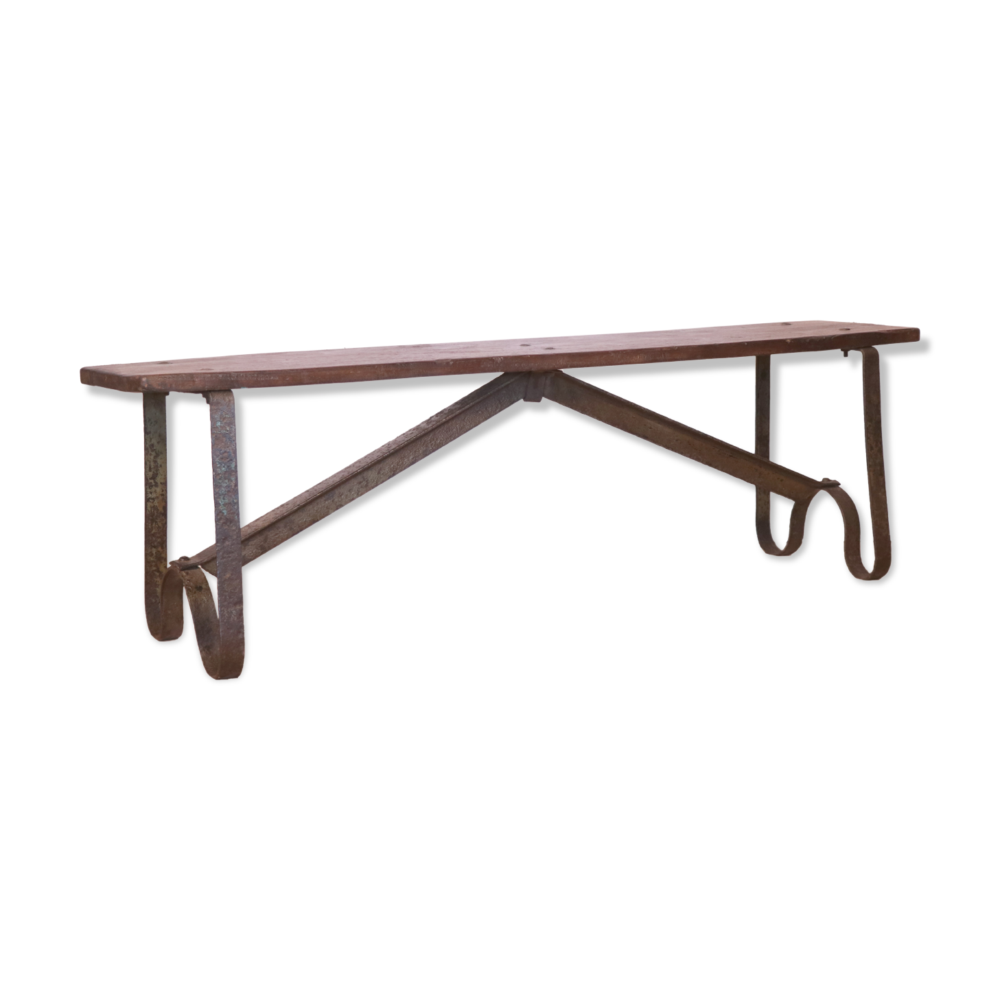 Old Burmese teak bench and wrought iron base