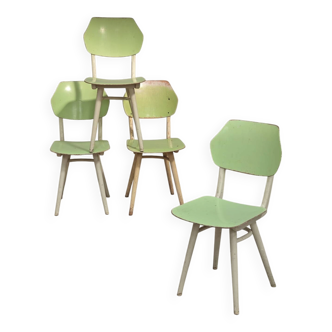 Set of 4 Czechoslovakian TON Bystrice Thonet chairs in white and green.