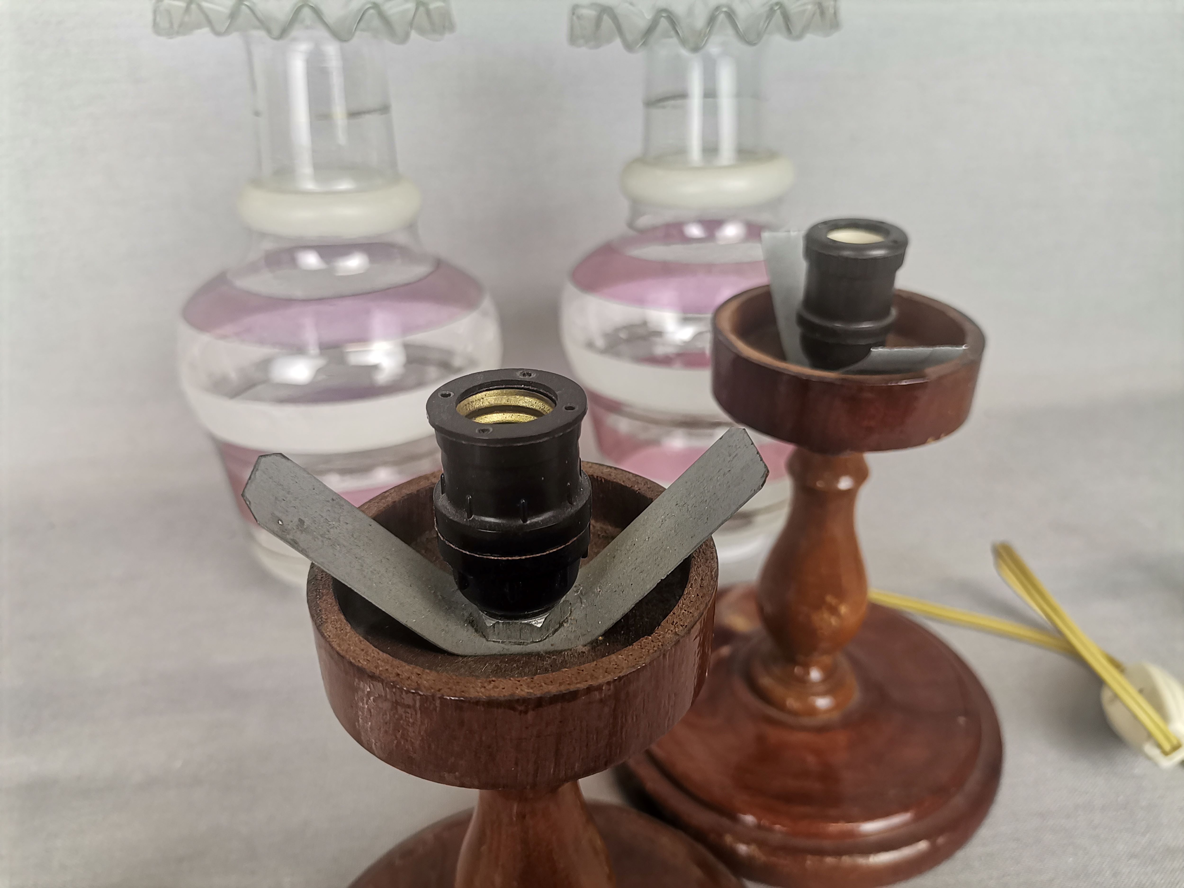 Portuguese Farmhouse rustic wooden table lamps with torch glass shades, 1970s, Set of 2