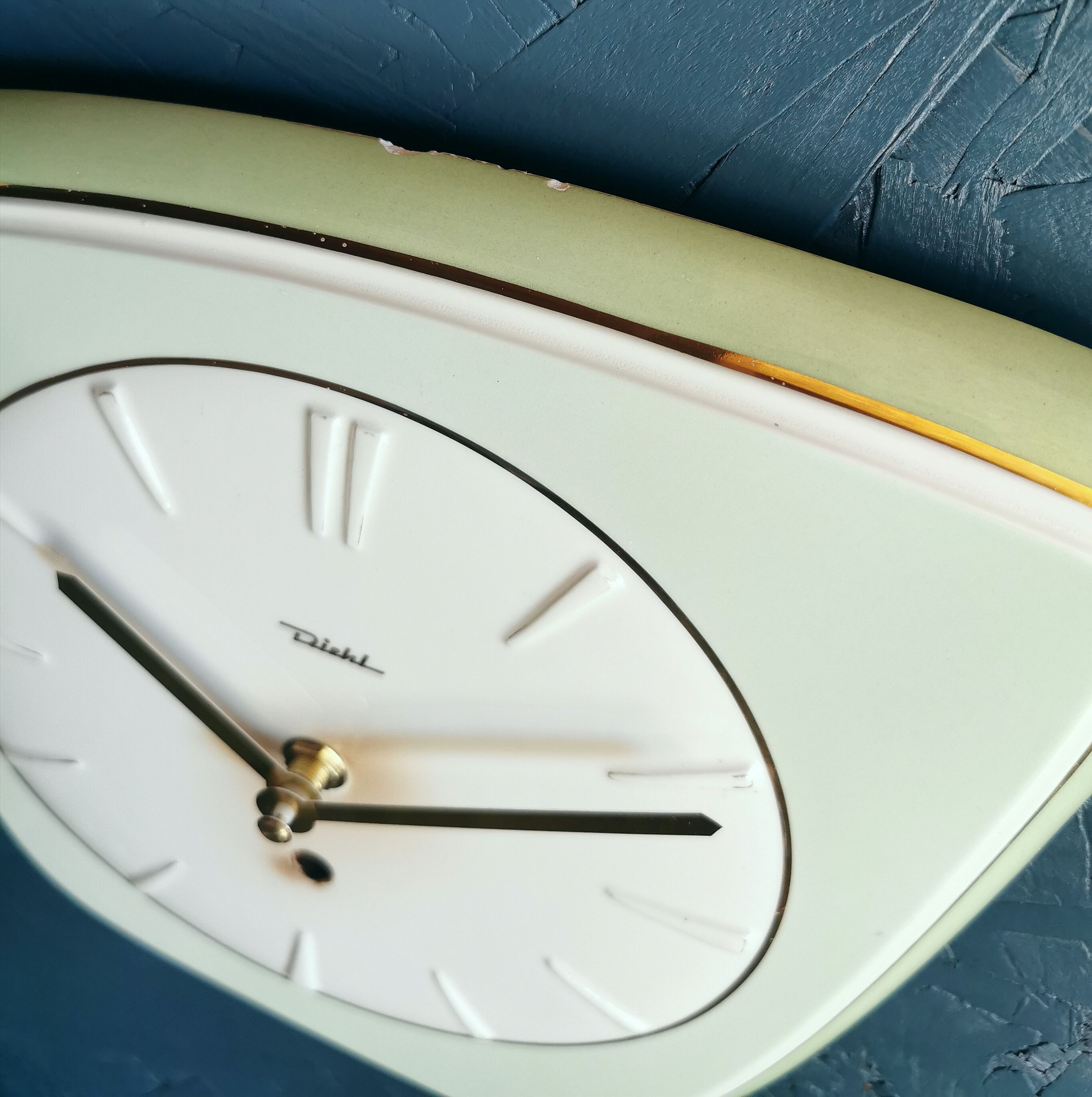 Vintage ceramic clock asymmetrical silent wall clock "Diehl golden green"