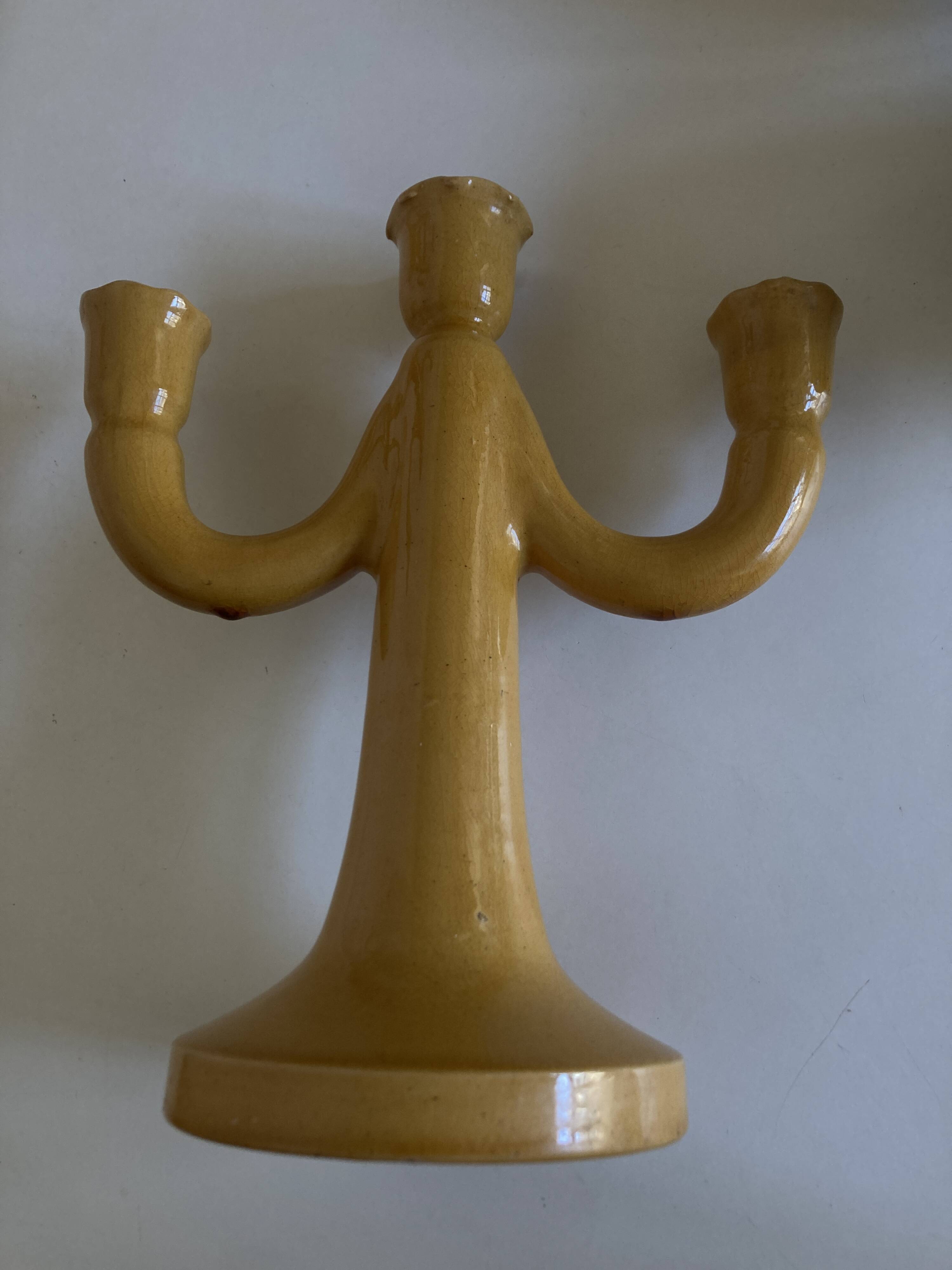 Paire de bougeoirs en terre vernissée Pichon Uzès 1960