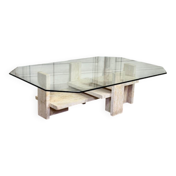 Table brutaliste de Willy Ballez en travertin vers 1980