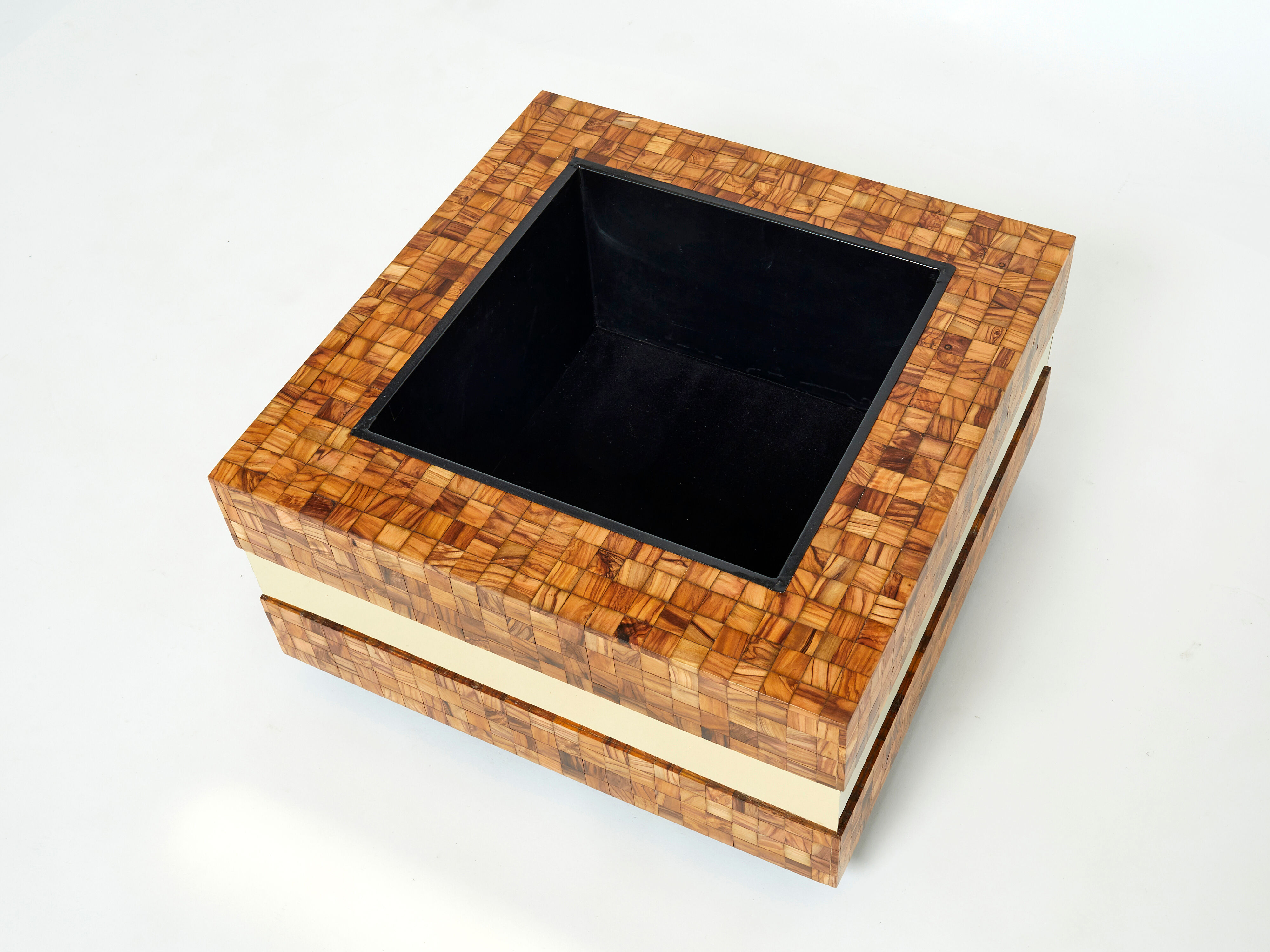 Table bar or planter marquetry of brass olive wood by Sandro Petti 1970