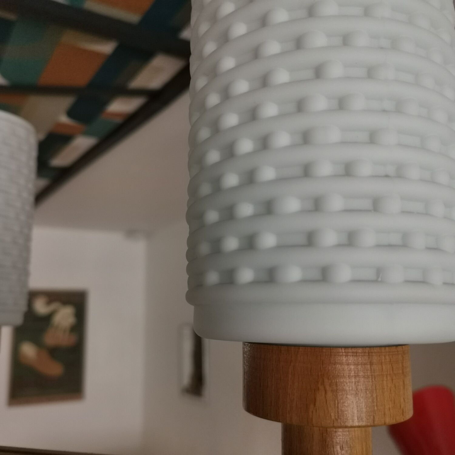 Lustre en bois et opaline République Tchèque 1970