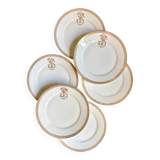 6 flat plates in gold porcelain monogrammed "F"