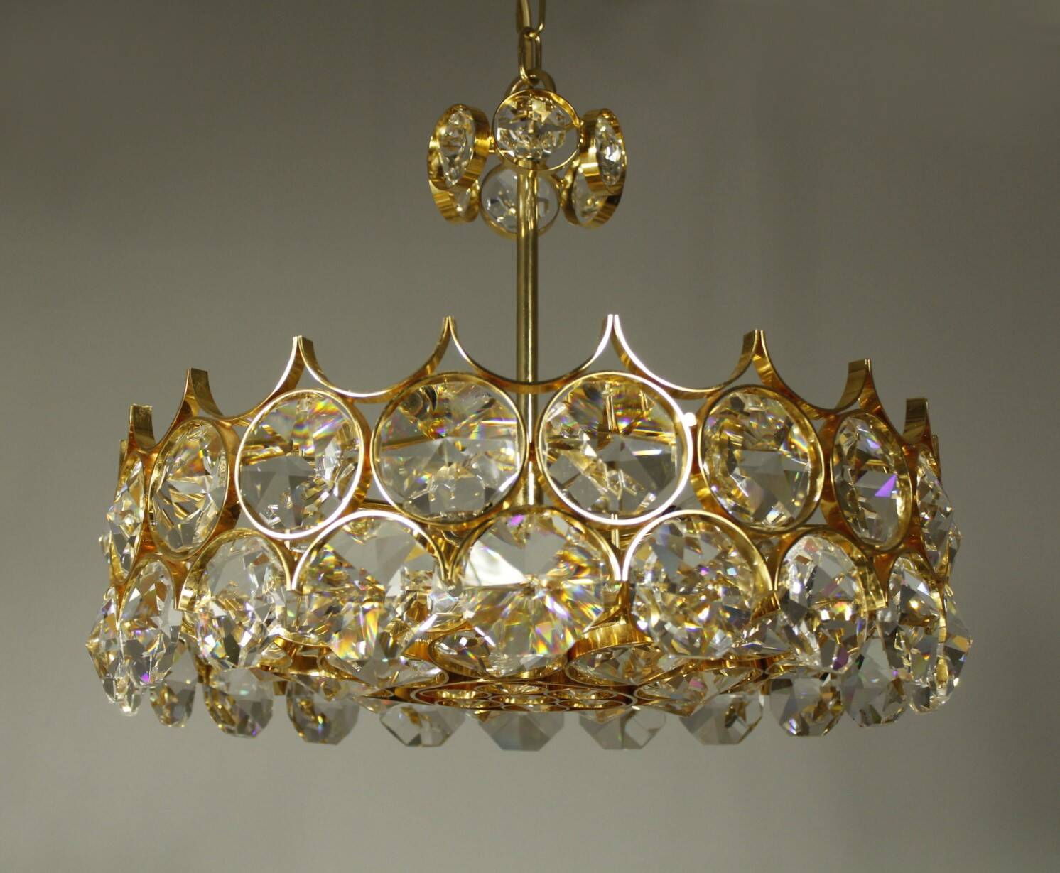 1970s Palwa Chandelier, gold plate and faceted crystals