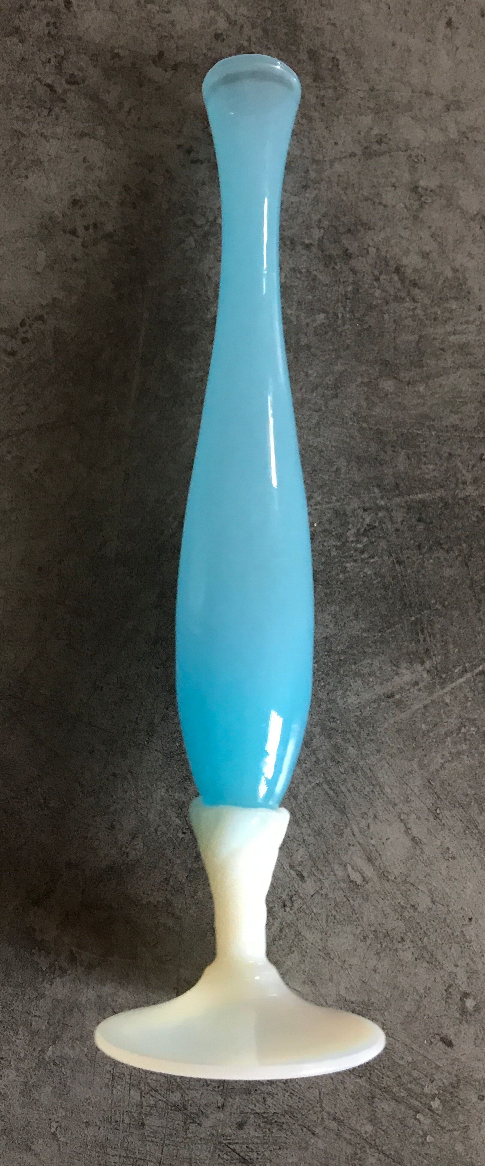 Vase soliflore in opaline turquoise blue color and white foot 24 cm