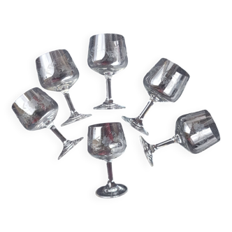 6 verres à pied en cristal gravé fleurs, apéritif ou digestif, années 70