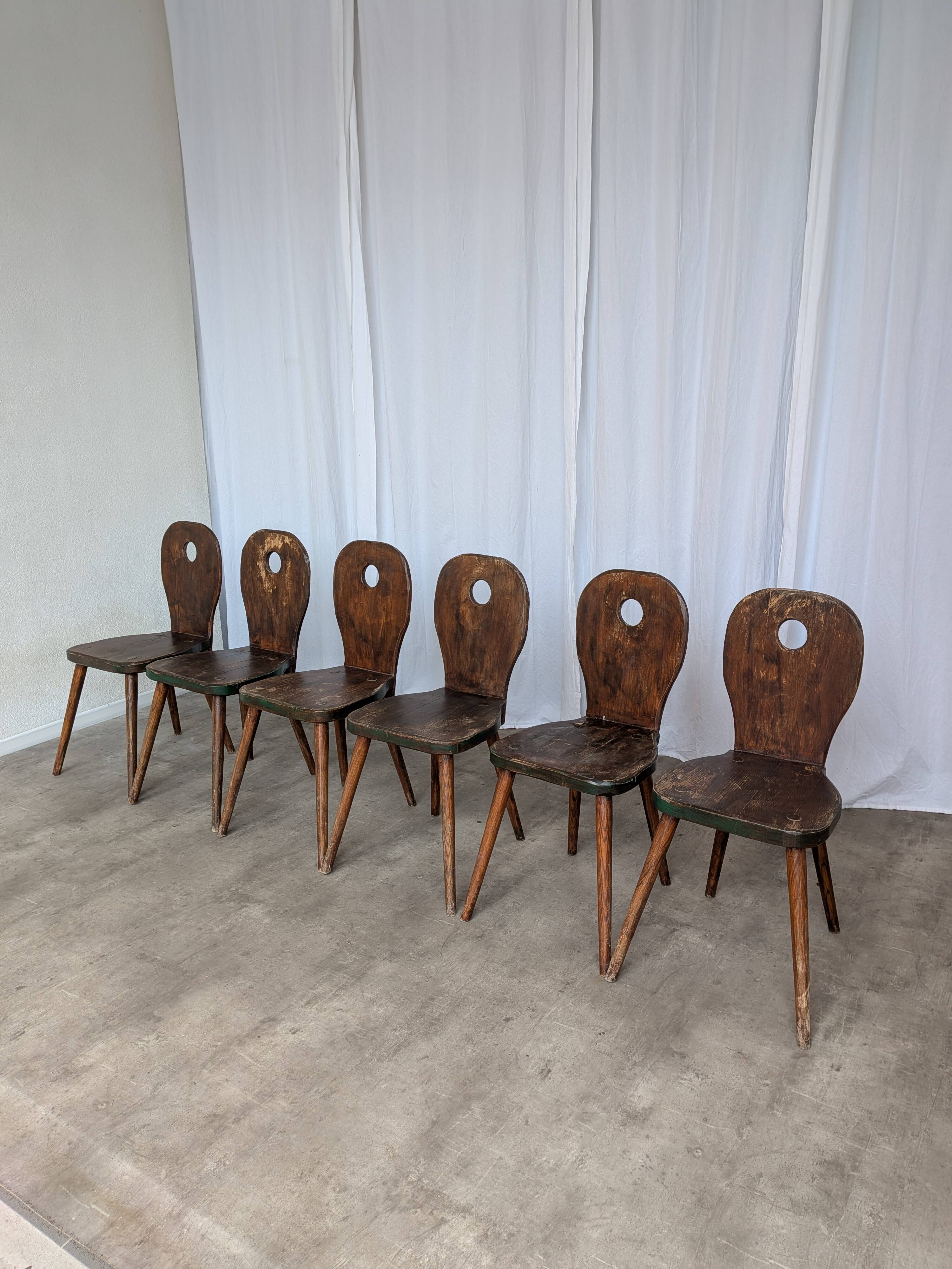 Set of 6 Vintage Brutalist Wooden Chair / Rustic Farmhouse Dining Chair