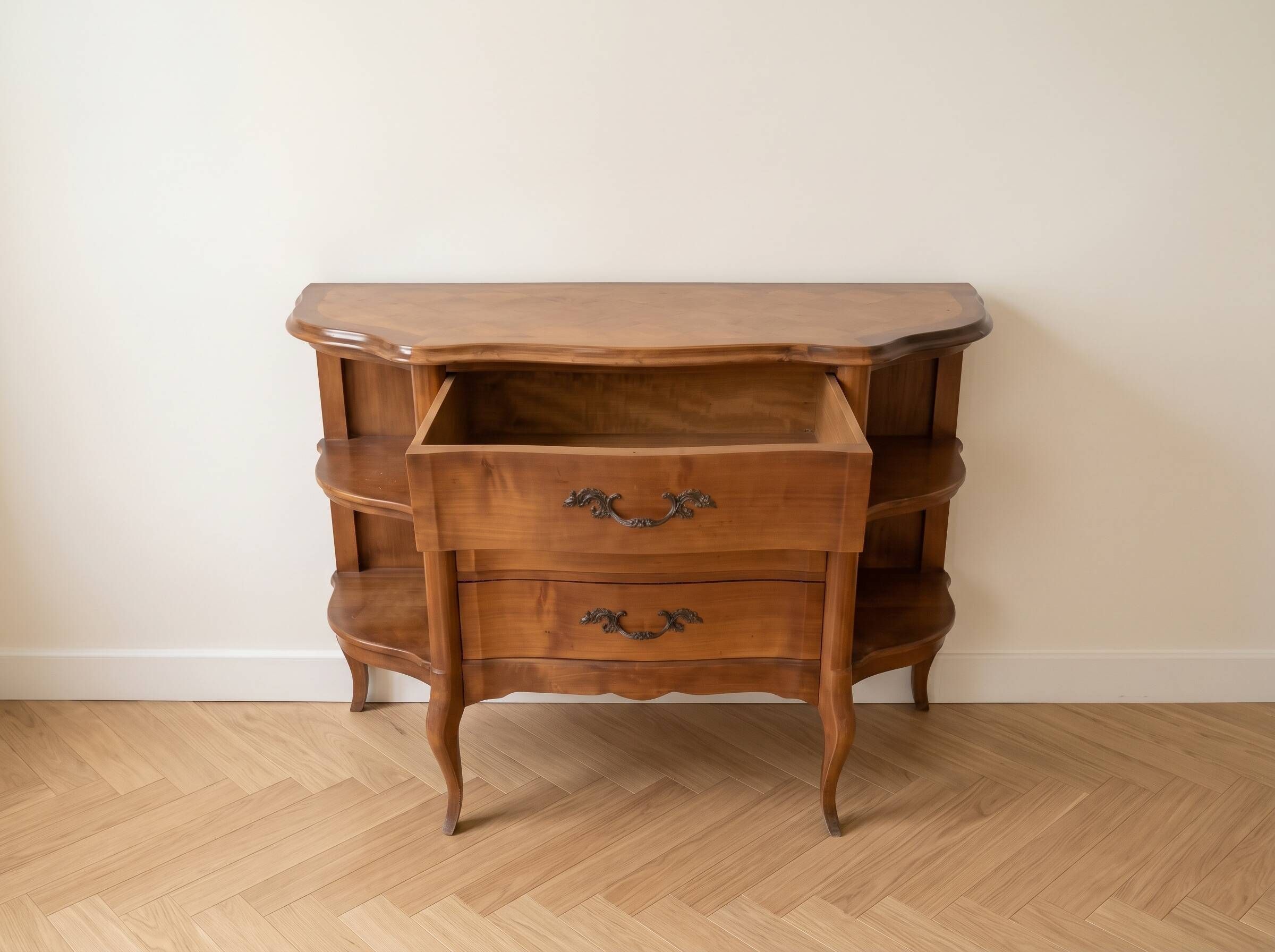 Louis XV style wooden commode with side shelves