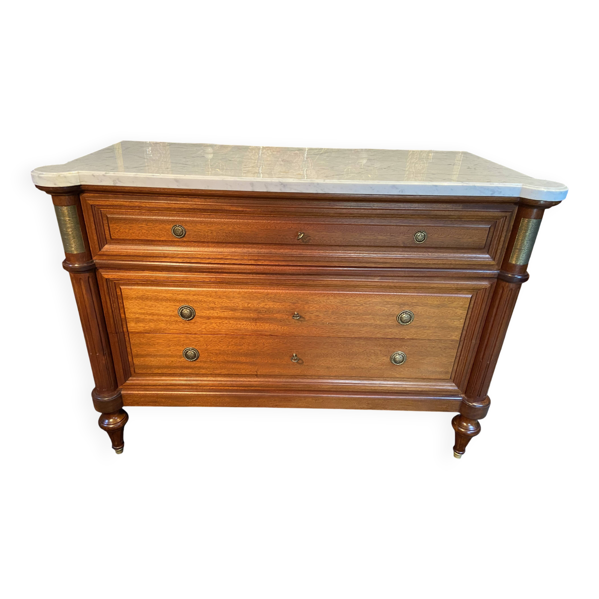 3-drawer chest of drawers in solid mahogany with white marble top in Louis XVI style