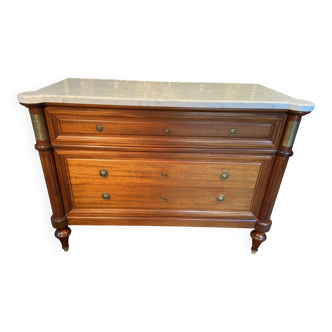 3-drawer chest of drawers in solid mahogany with white marble top in Louis XVI style
