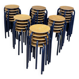 Set of 33 blue steel wood school stools