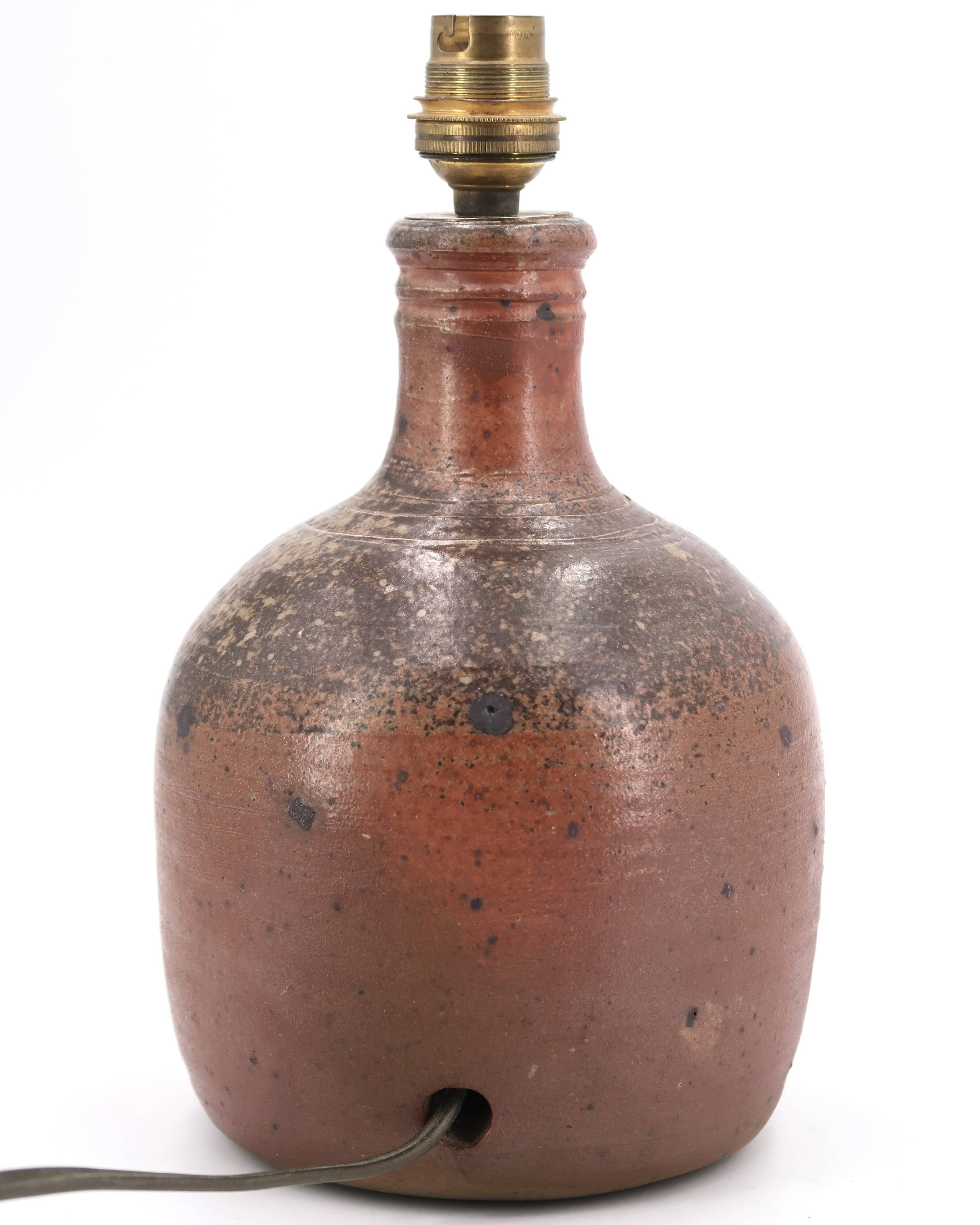 Stoneware lamp with wood firing, raffia lampshade, 1960s