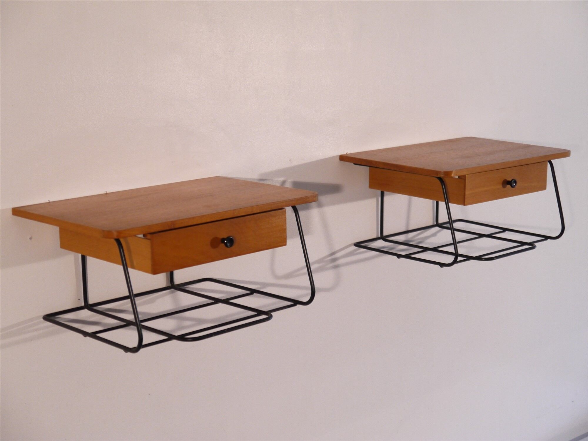 Scandinavian vintage hanging bedside pair in teak and metal