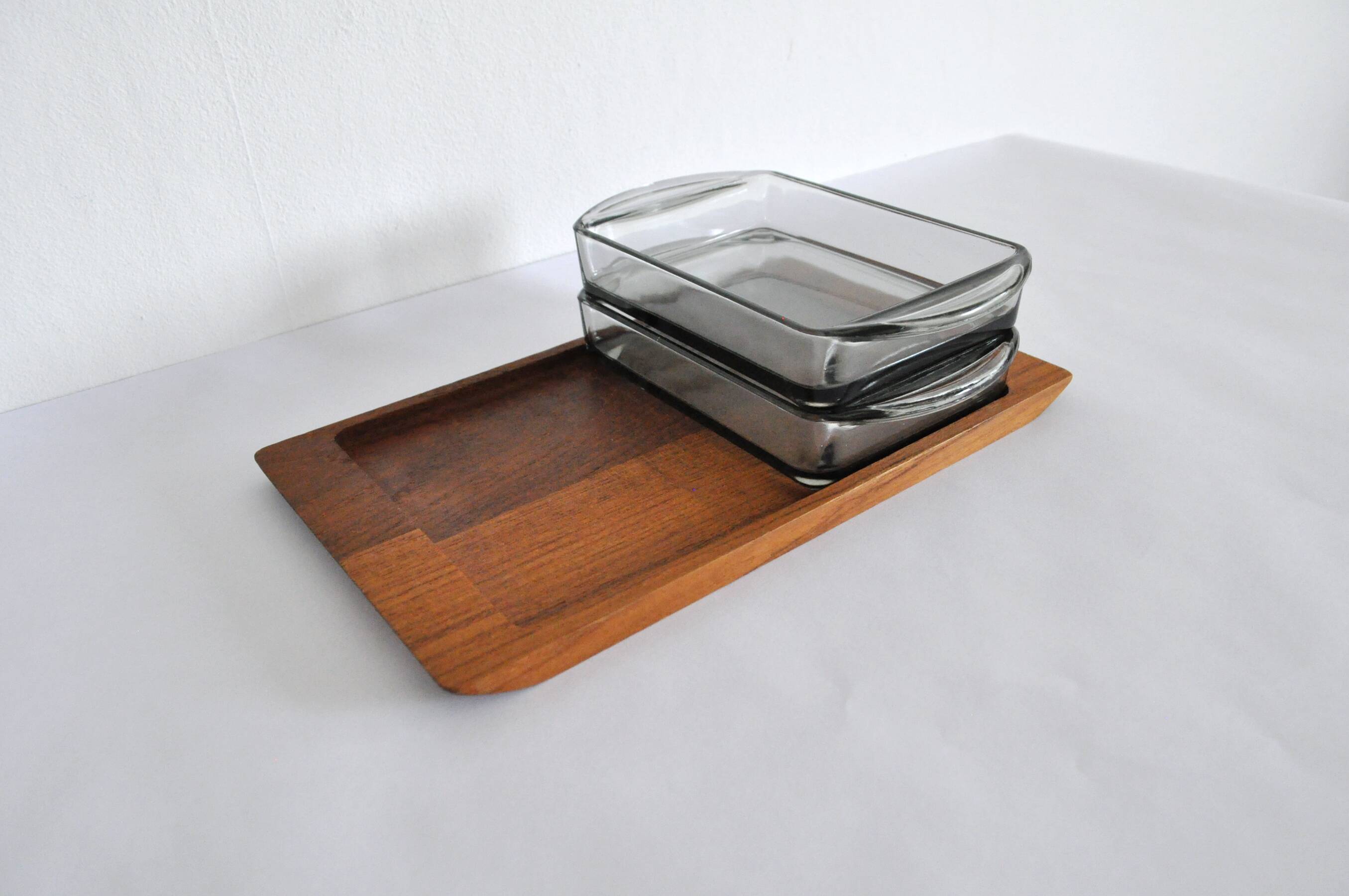 Danish Modern Teak Serving Tray with Glass Bowls by Wiggers, Denmark, 1960s