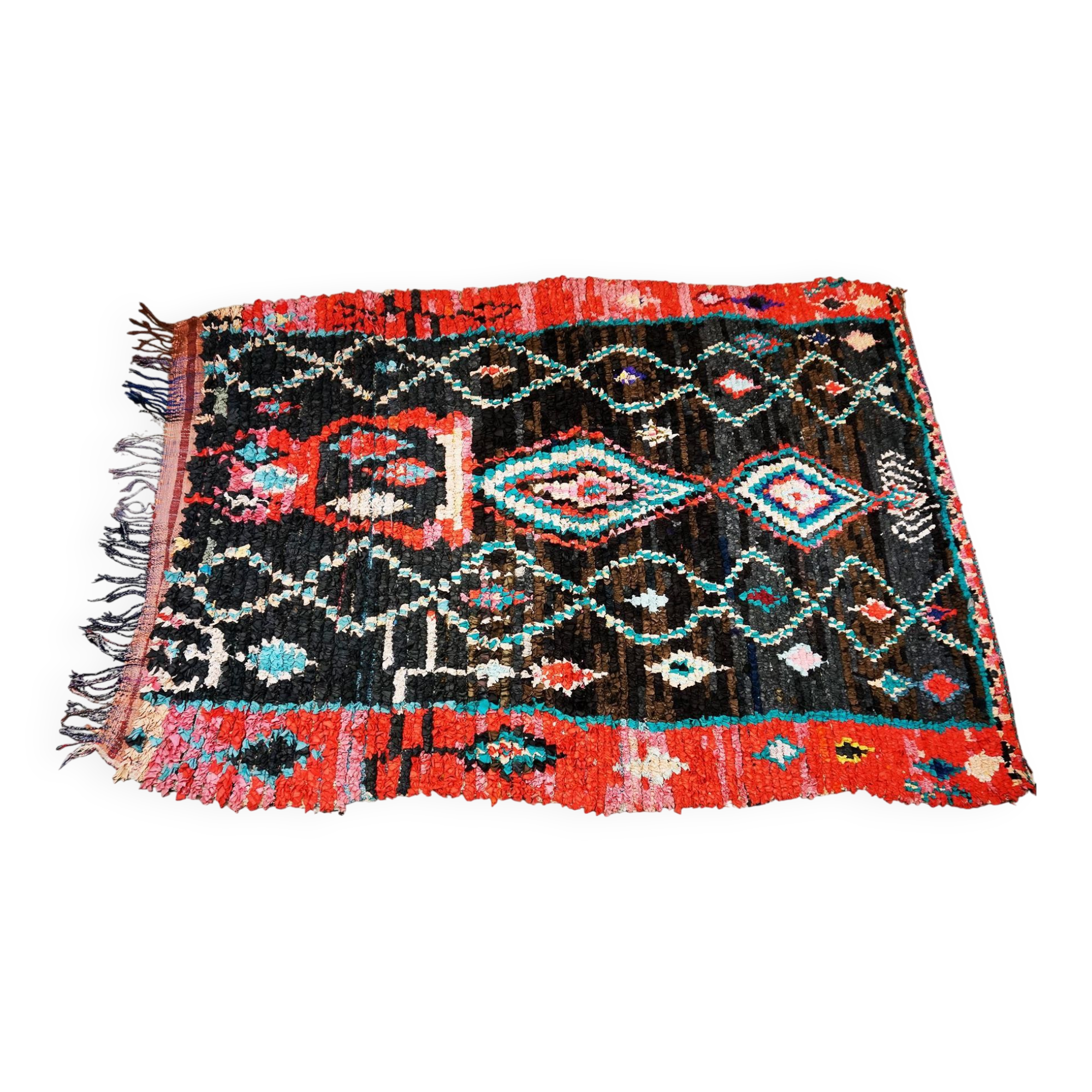 Multicoloured hand-knotted Moroccan Berber Boucherouit rug, vintage.