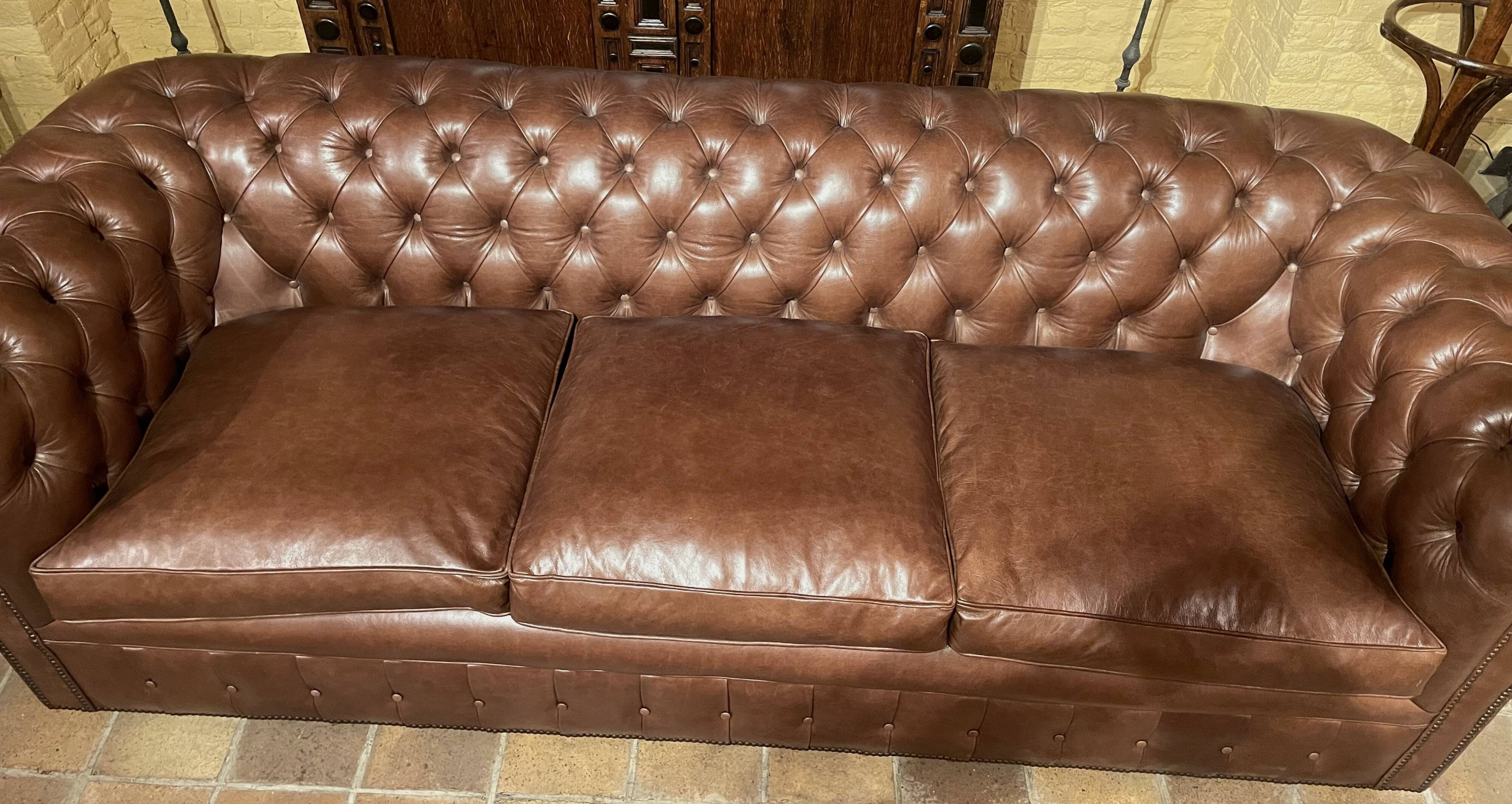 brown leather 3-seater Chesterfield sofa
