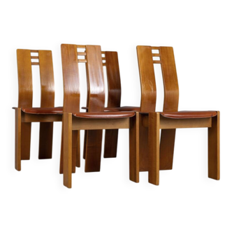 Set of 4 vintage 1950s chairs in wood and leather, Italian design