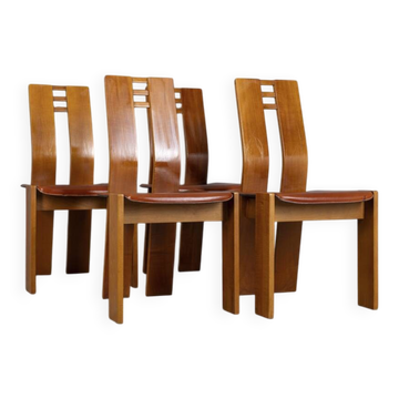 Set of 4 vintage 1950s chairs in wood and leather, Italian design