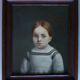 Tableau ancien portrait de petite fille aux yeux bleus huile sur toile XIXe siècle.