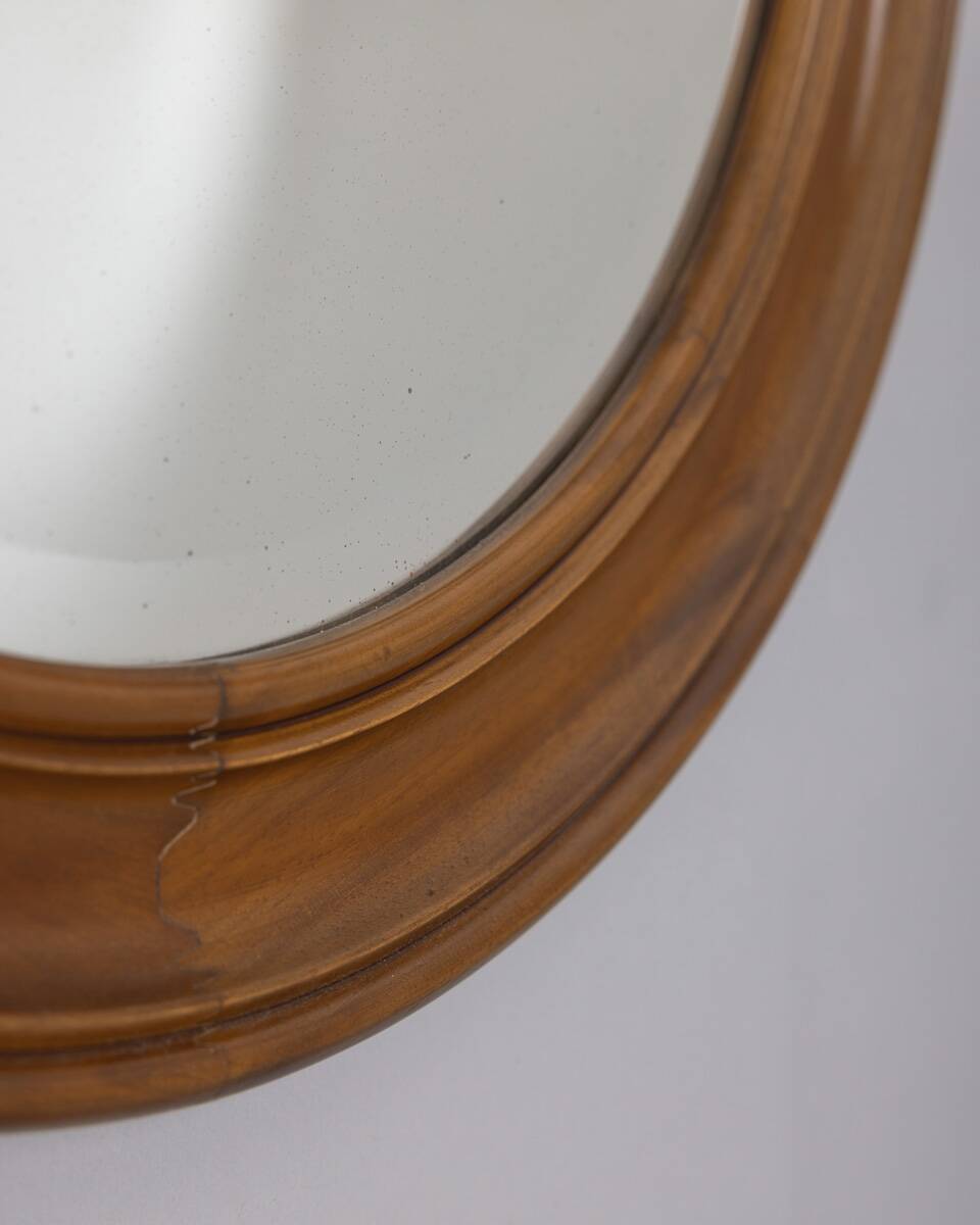 Vintage 1970s round wall mirror in walnut wood, Italian design