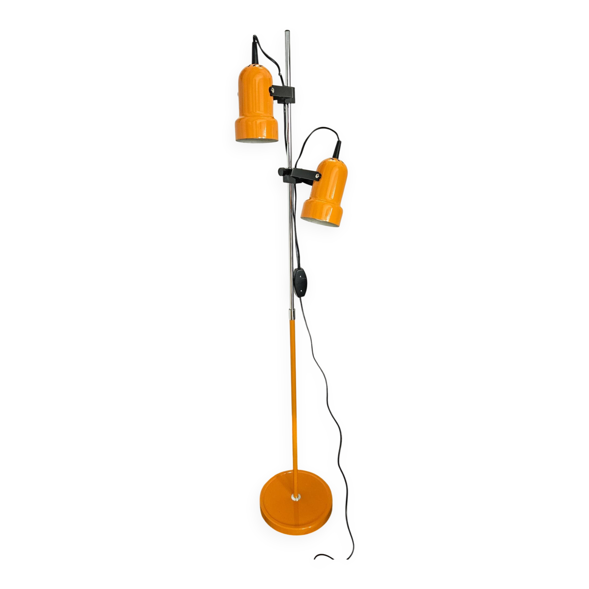 Vintage 1970s floor lamp with 2 spots, chrome, orange and black.