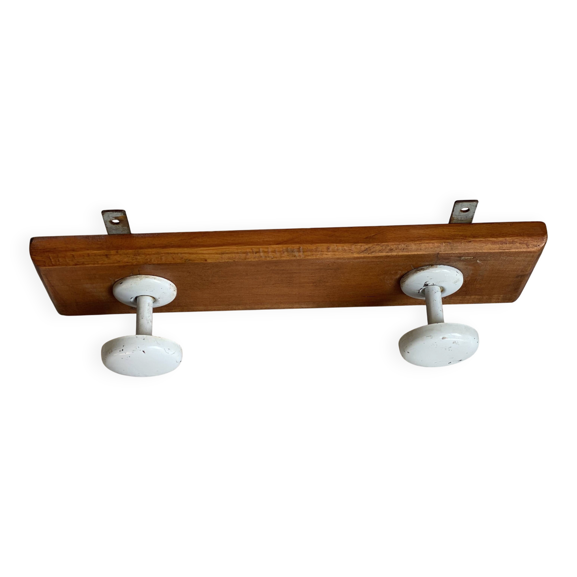 Wall-mounted coat rack with 2 hooks, vintage 1960s white lacquered metal.