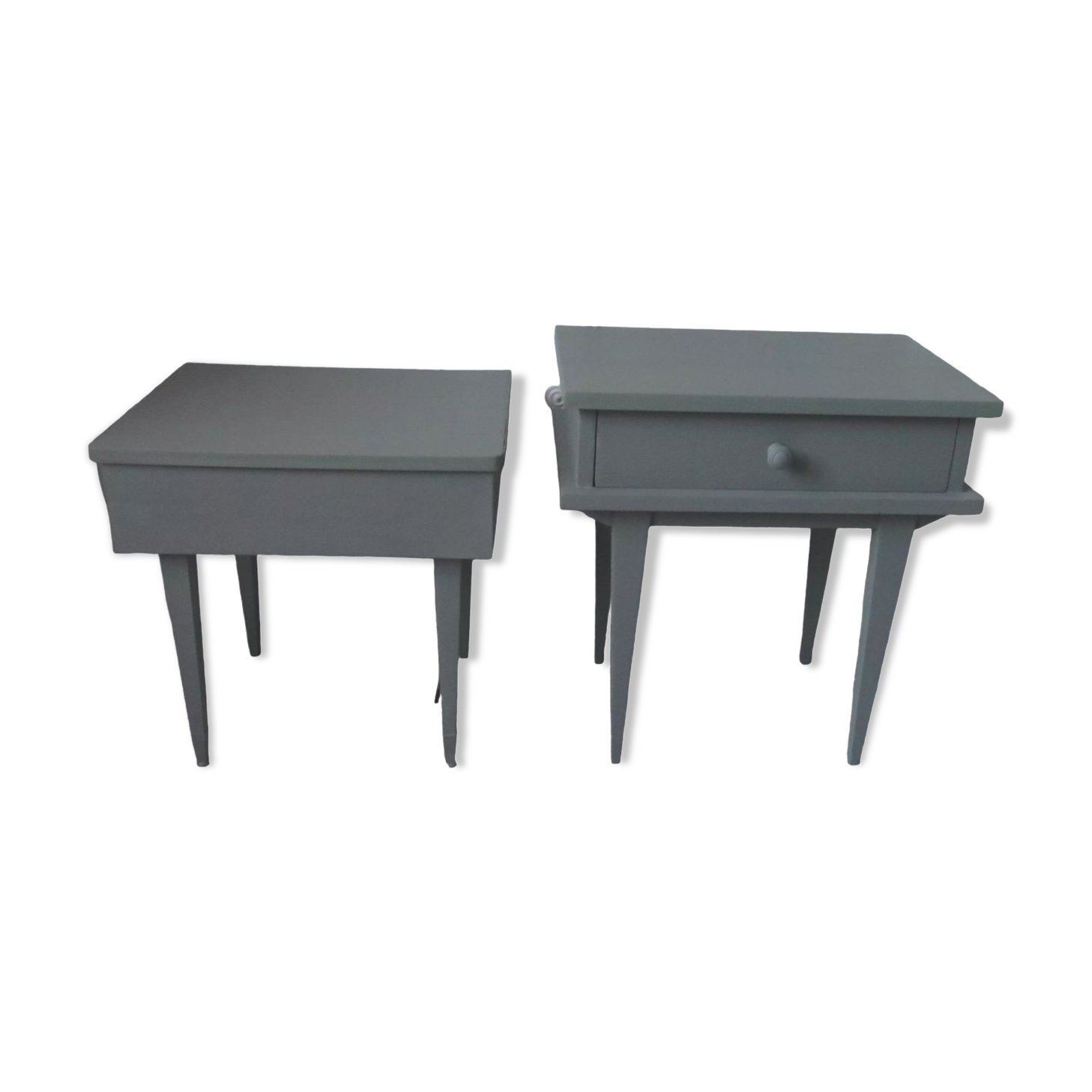 Duo of bedside tables, mismatched vintage sofa ends green of gray