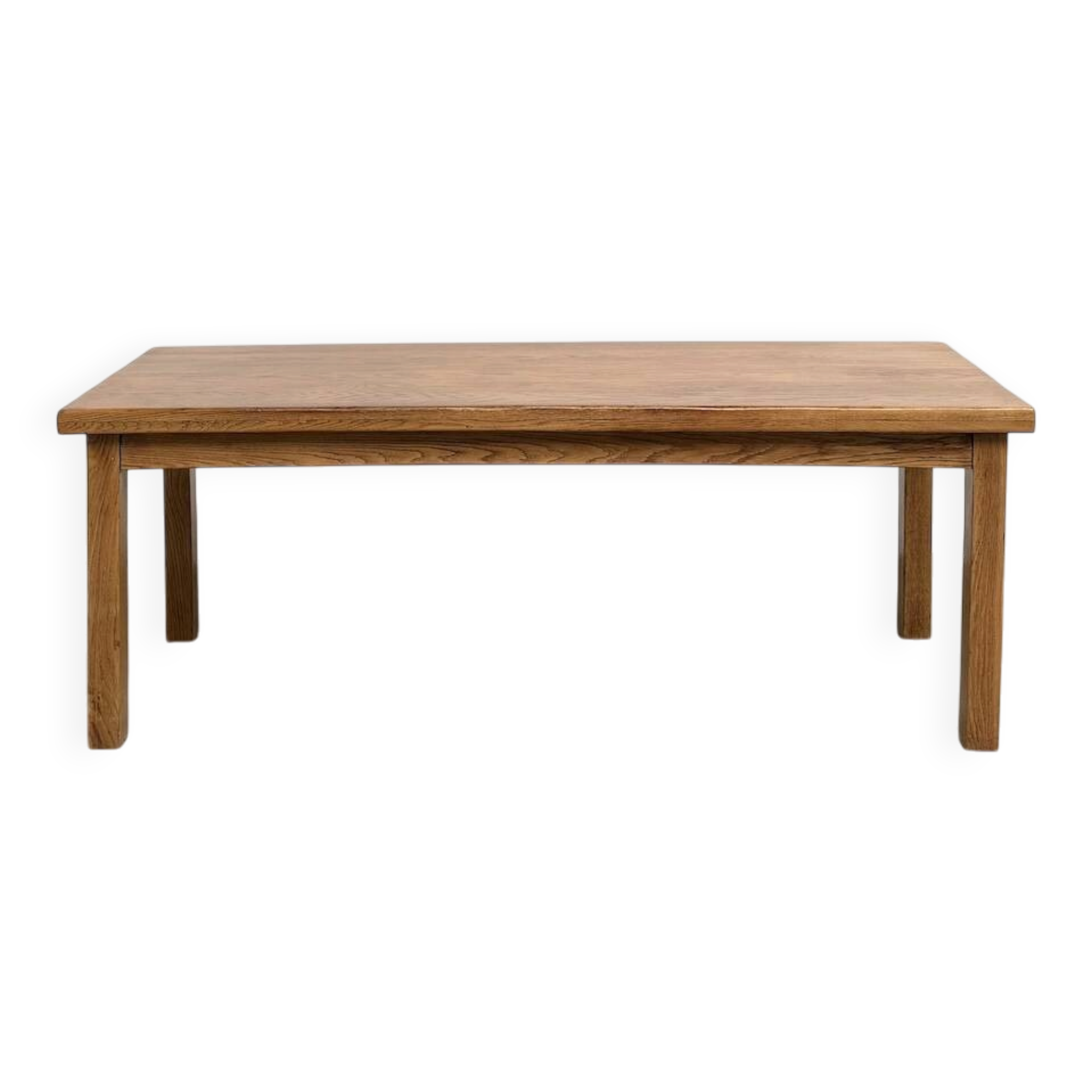 Solid oak farmhouse table, square legs.