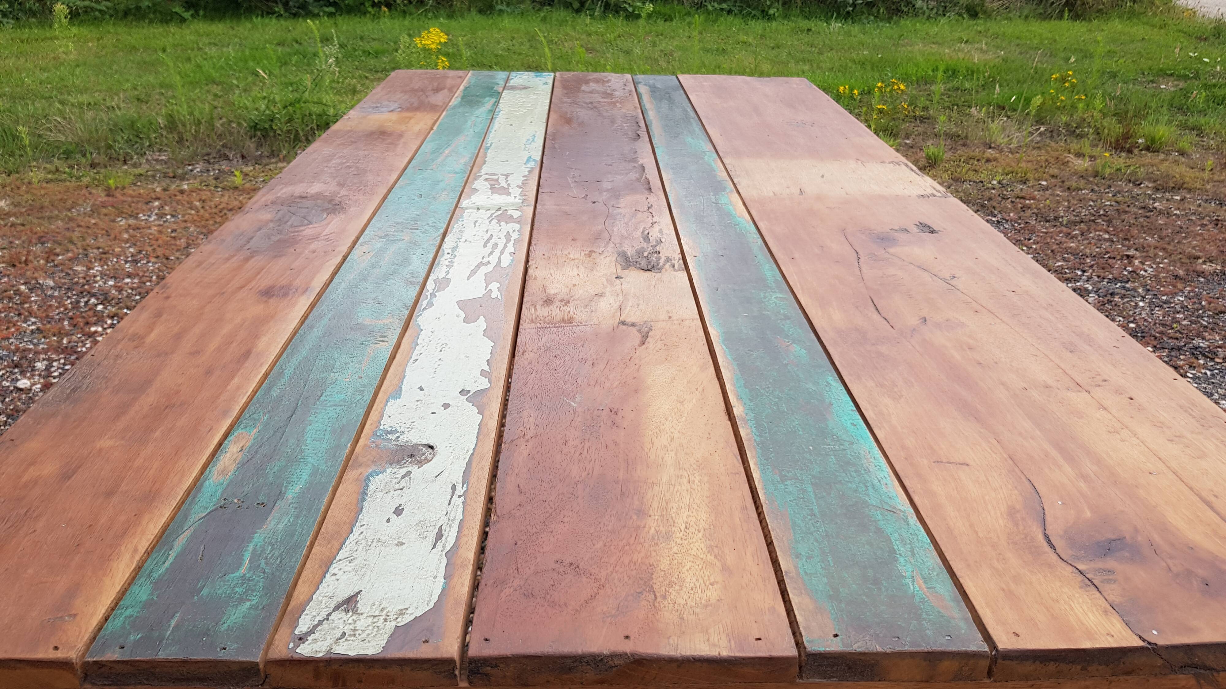 Polychrome teak dining table for 8 to 10 people