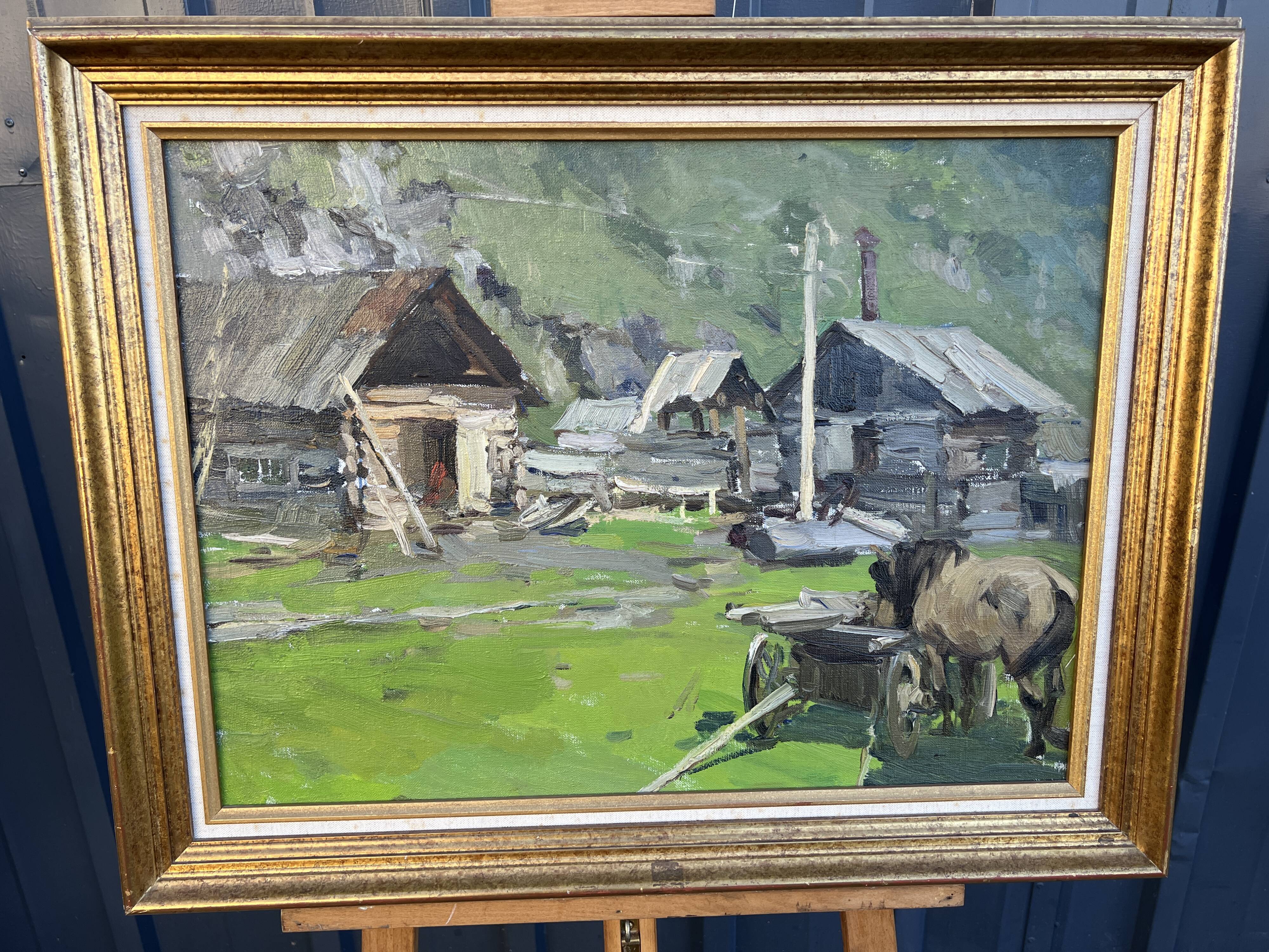 Oil-on-canvas painting The Blacksmith's Workshop 1956 signed by Fomine