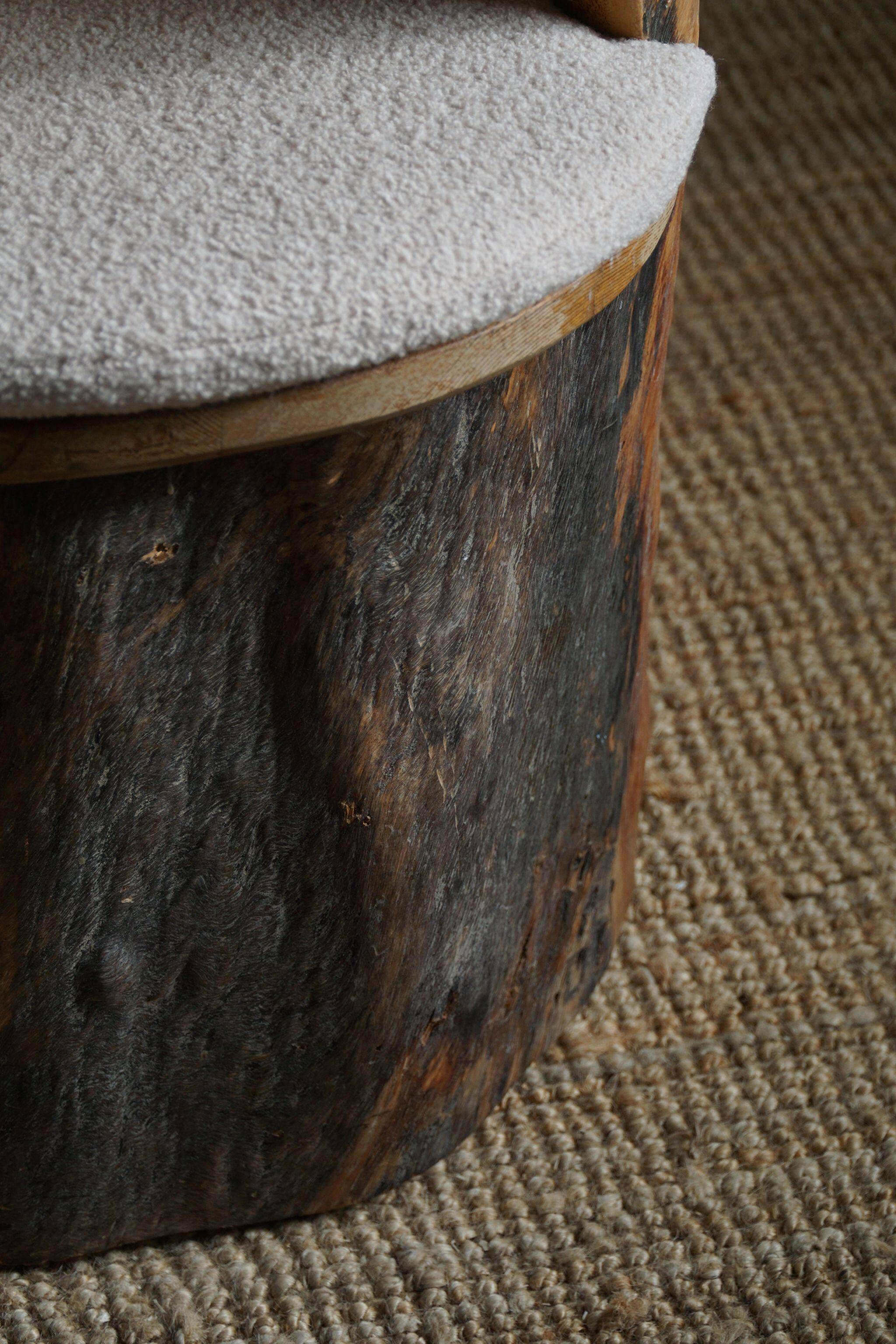 Sculptural brutalist armchair handcrafted in solid pine, Wabi Sabi style, Sweden, 1970s.