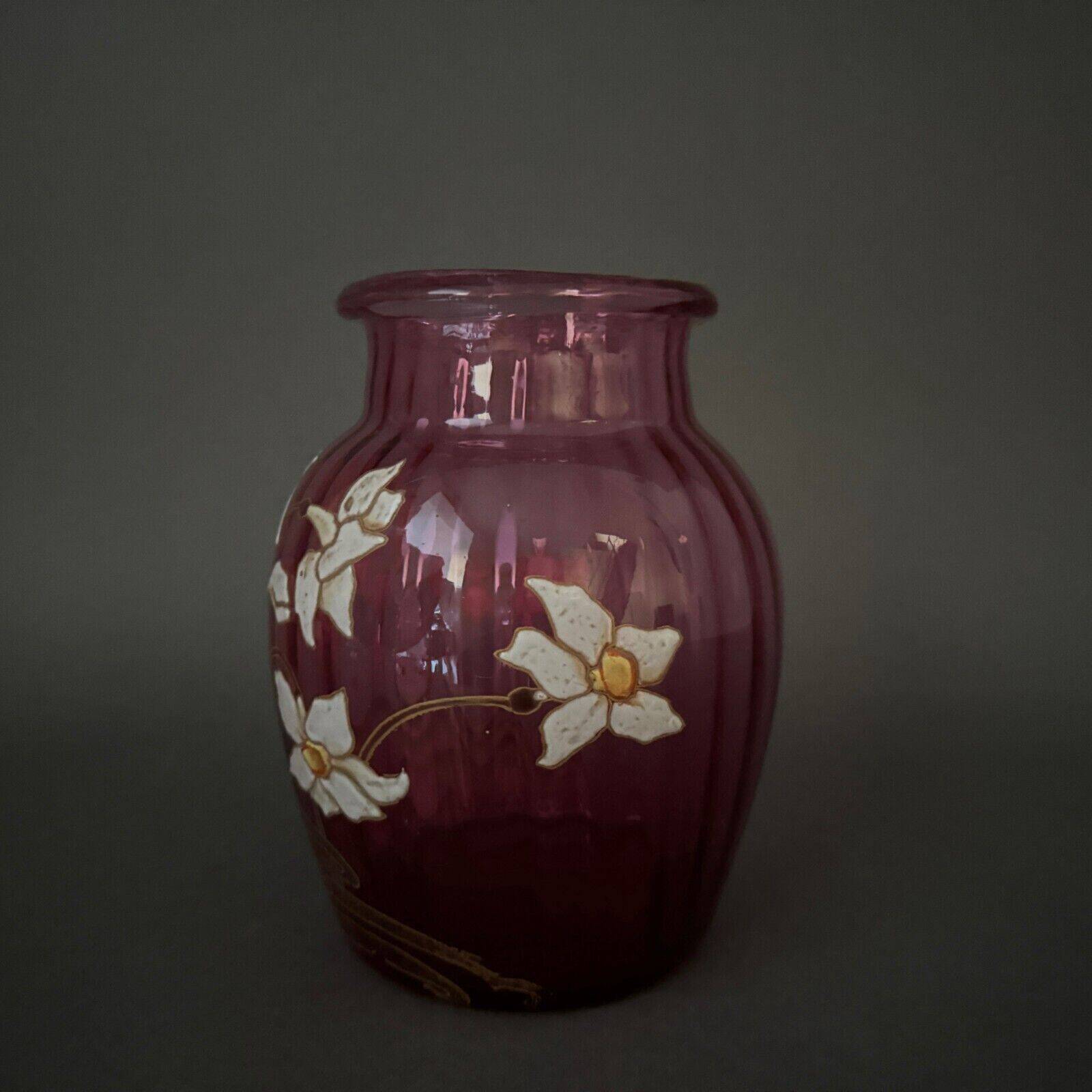Vase émaillé Legras 1900 verre rose décor de jonquilles