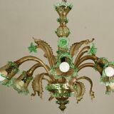 6 arms vintage Venetian chandelier, green Murano glass, 1950s