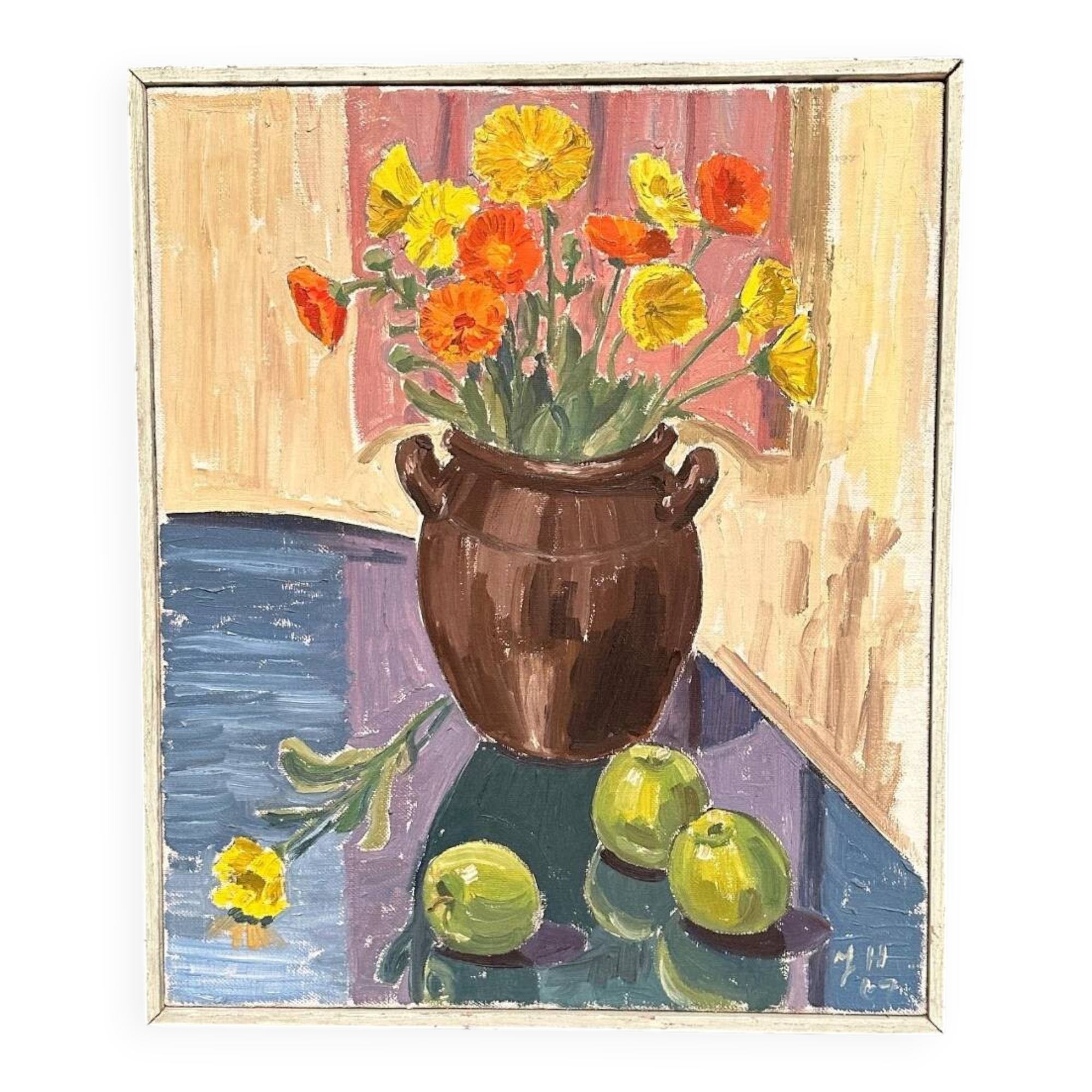 Swedish Oil on Canvas – “Apples and Flowers” – Vintage & Framed