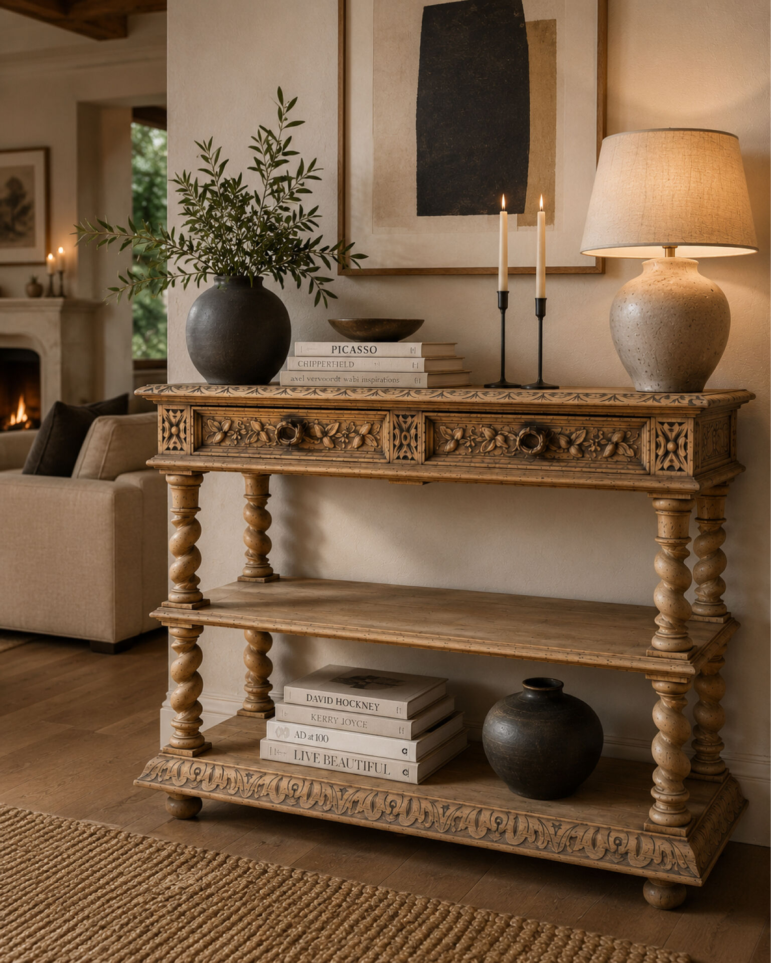Console chêne brut massif décor végétal sculpté fin XIXe